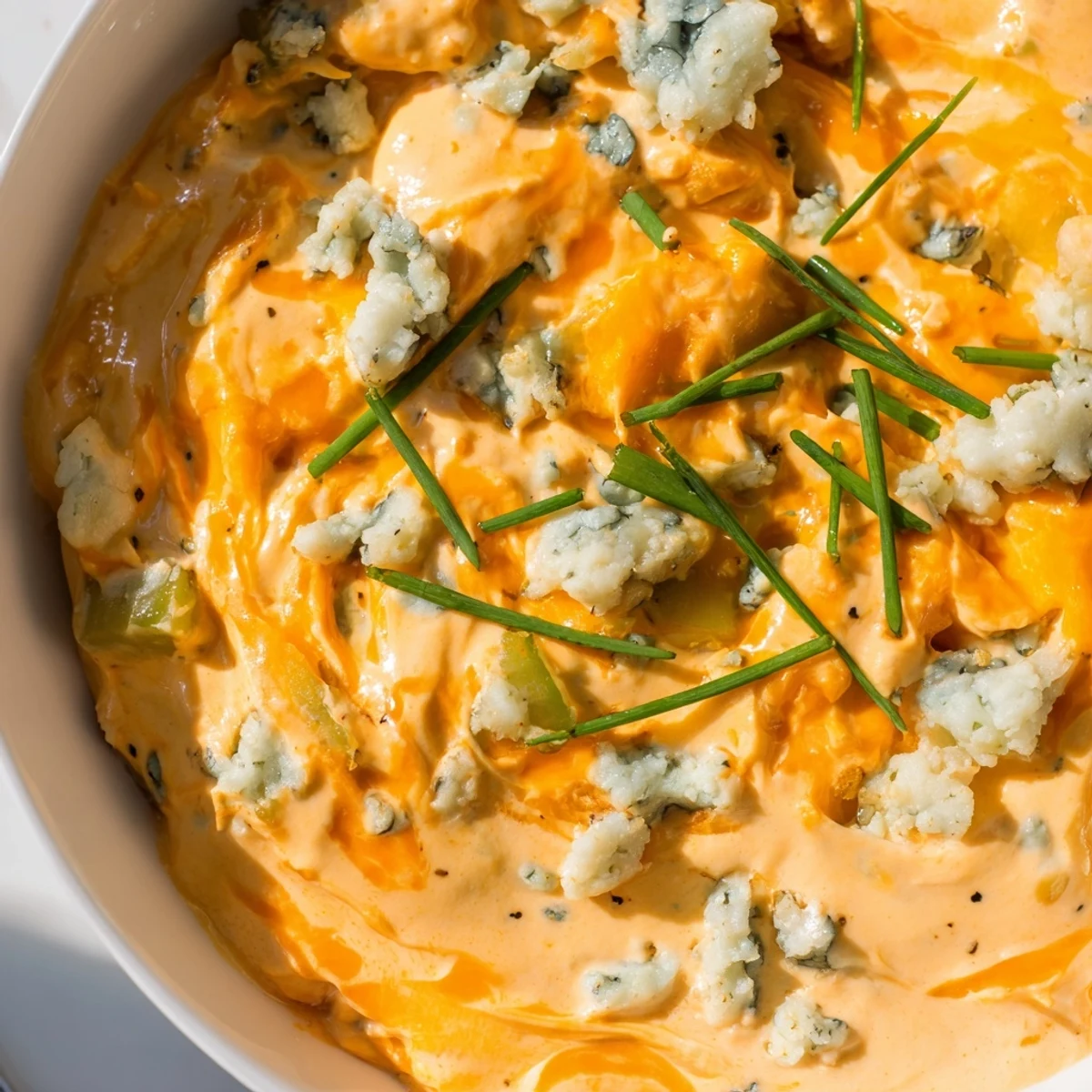 Creamy buffalo pickle dip in a serving bowl surrounded by crunchy chips and fresh veggie sticks