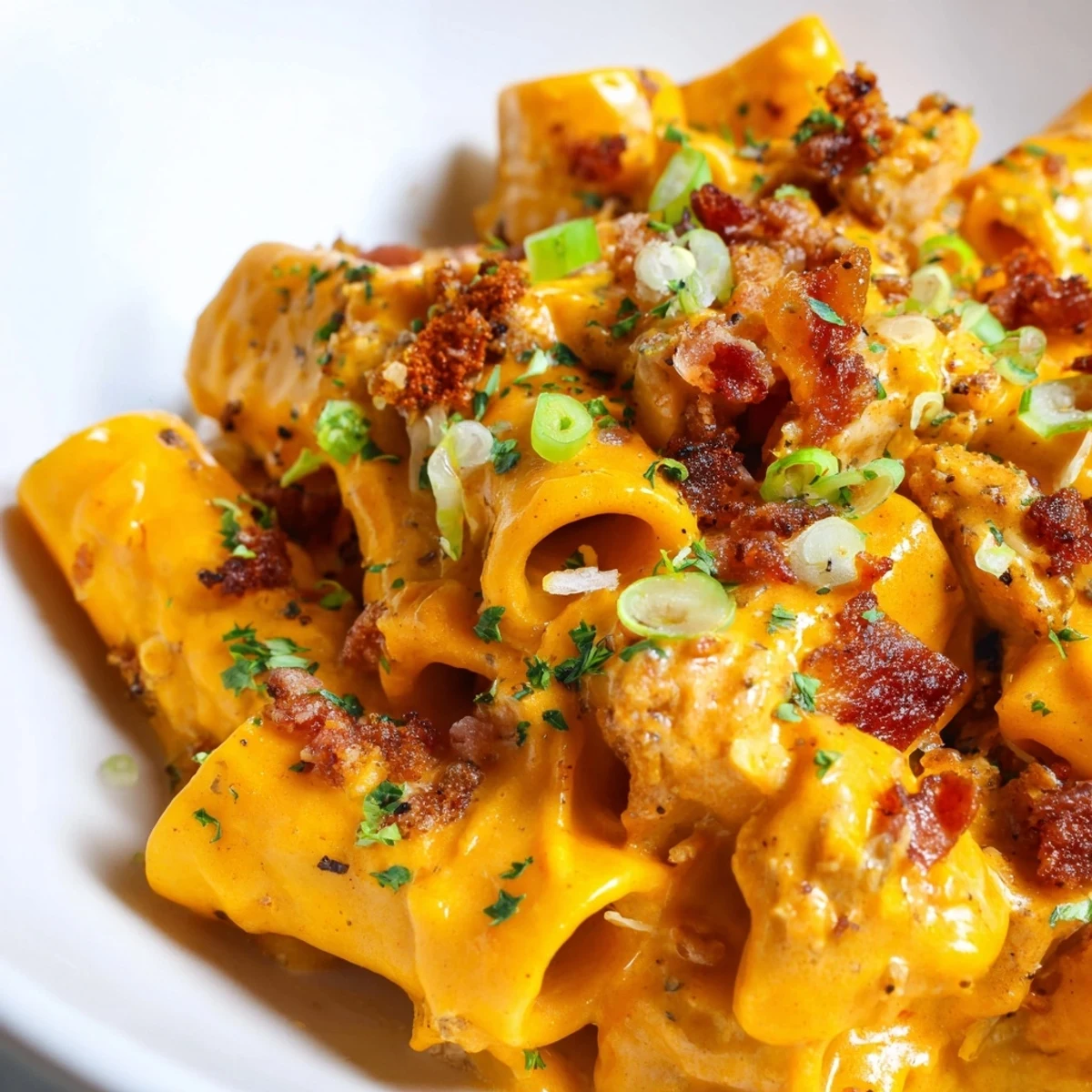 Creamy Crack Chicken Pasta topped with crispy beef bacon and fresh herbs