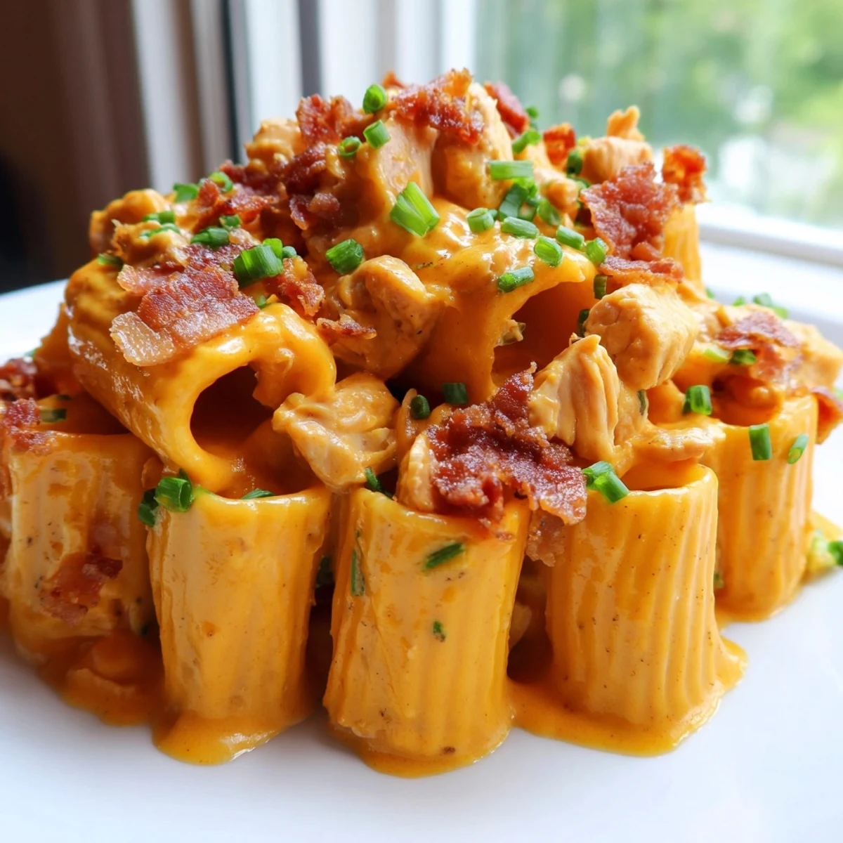A steaming bowl of Creamy Crack Chicken Pasta garnished with parsley and spring onions