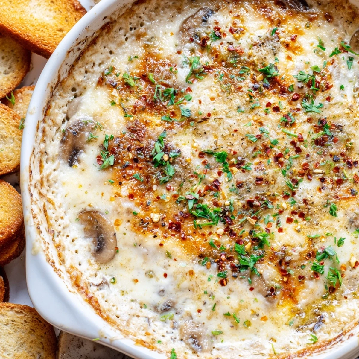 Creamy stuffed mushroom dip bubbling with melted mozzarella and Parmesan in golden ovenproof skillet