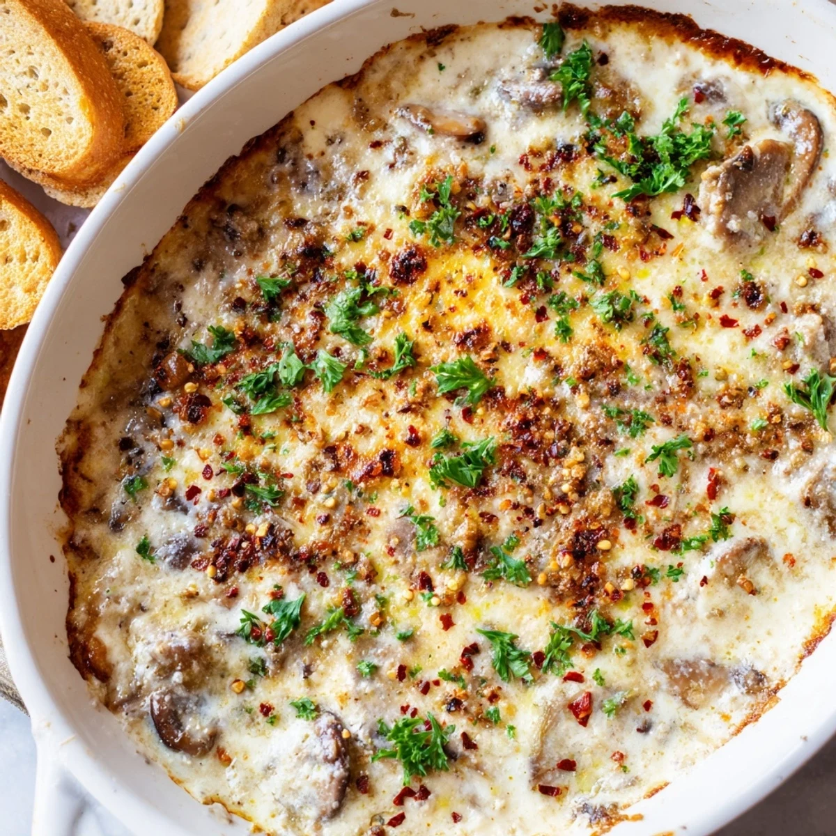 Warm stuffed mushroom dip served with toasted baguette slices and crisp fresh vegetables