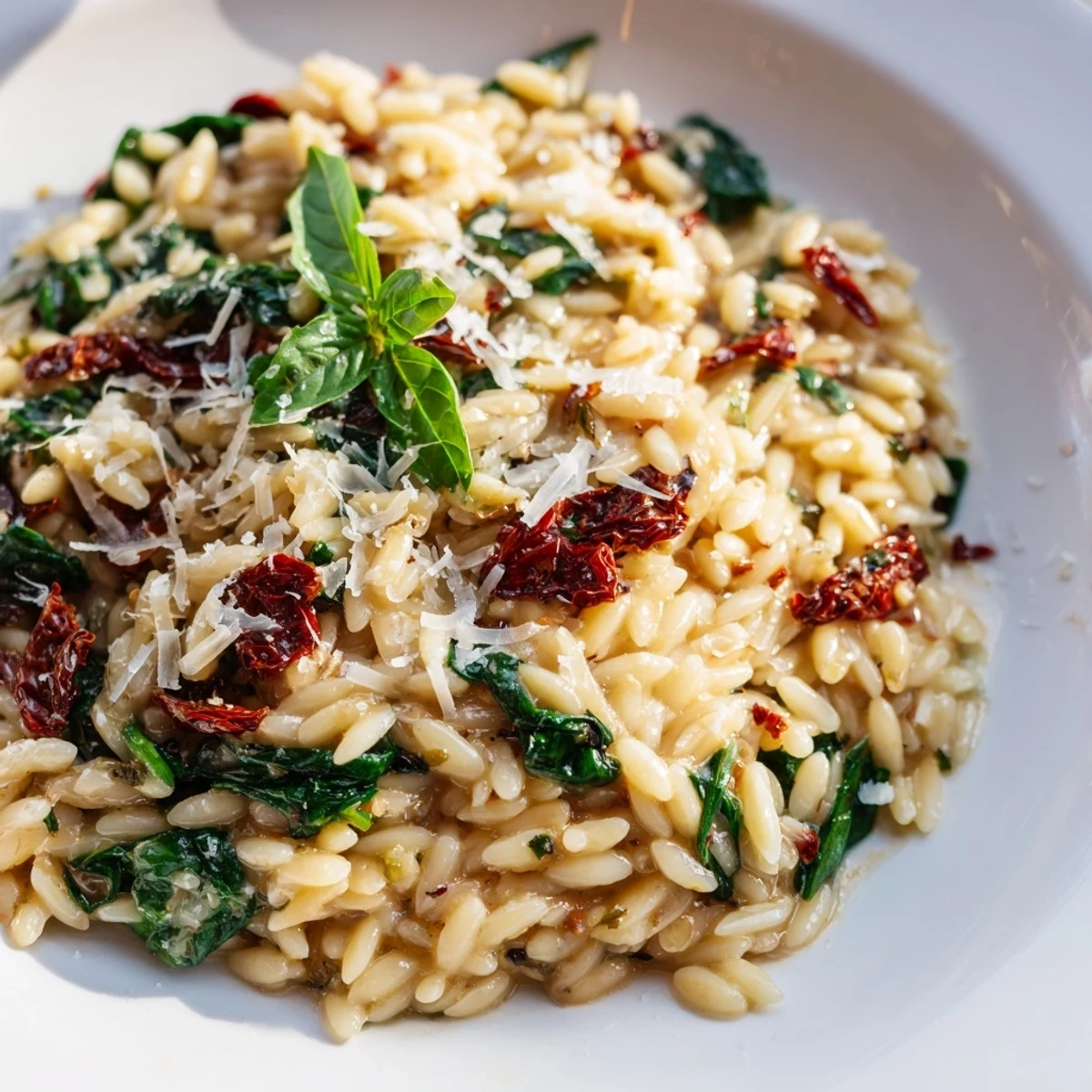 Creamy Tuscan orzo in a skillet with sun-dried tomatoes and wilted spinach