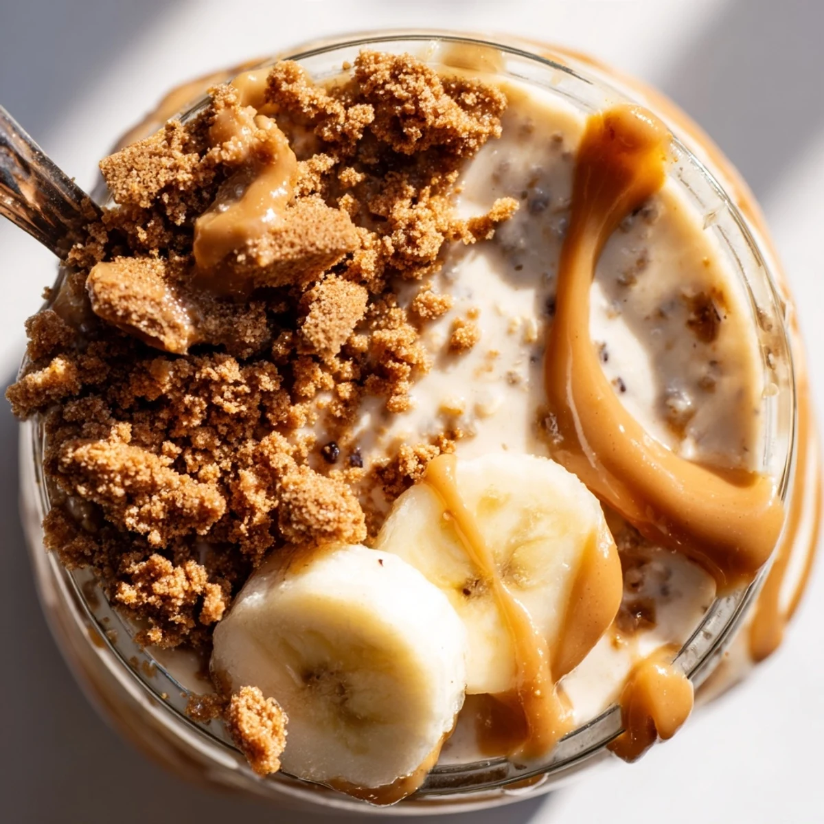Thick and creamy Biscoff overnight oats served in mason jar with Lotus cookie pieces