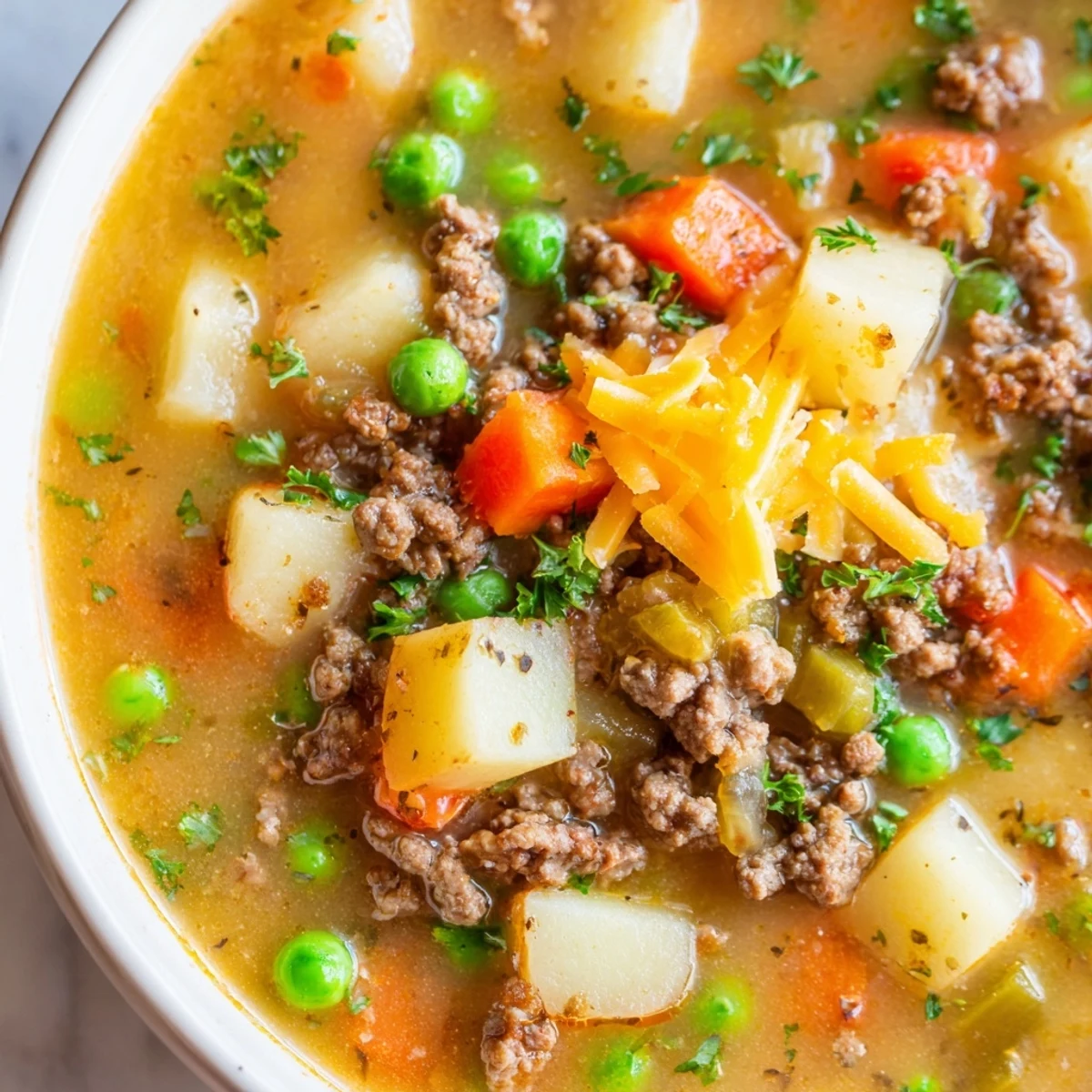 Steaming bowl of ground beef and potato soup topped with fresh parsley and melted cheddar cheese