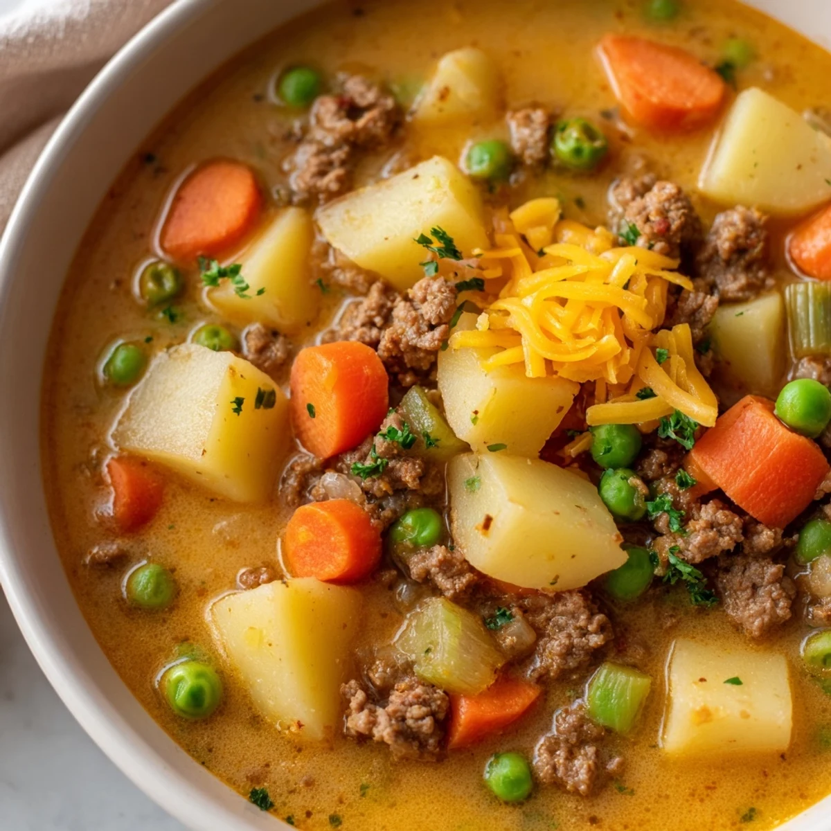 Hearty ground beef and potato soup brimming with tender diced vegetables in a rich savory broth