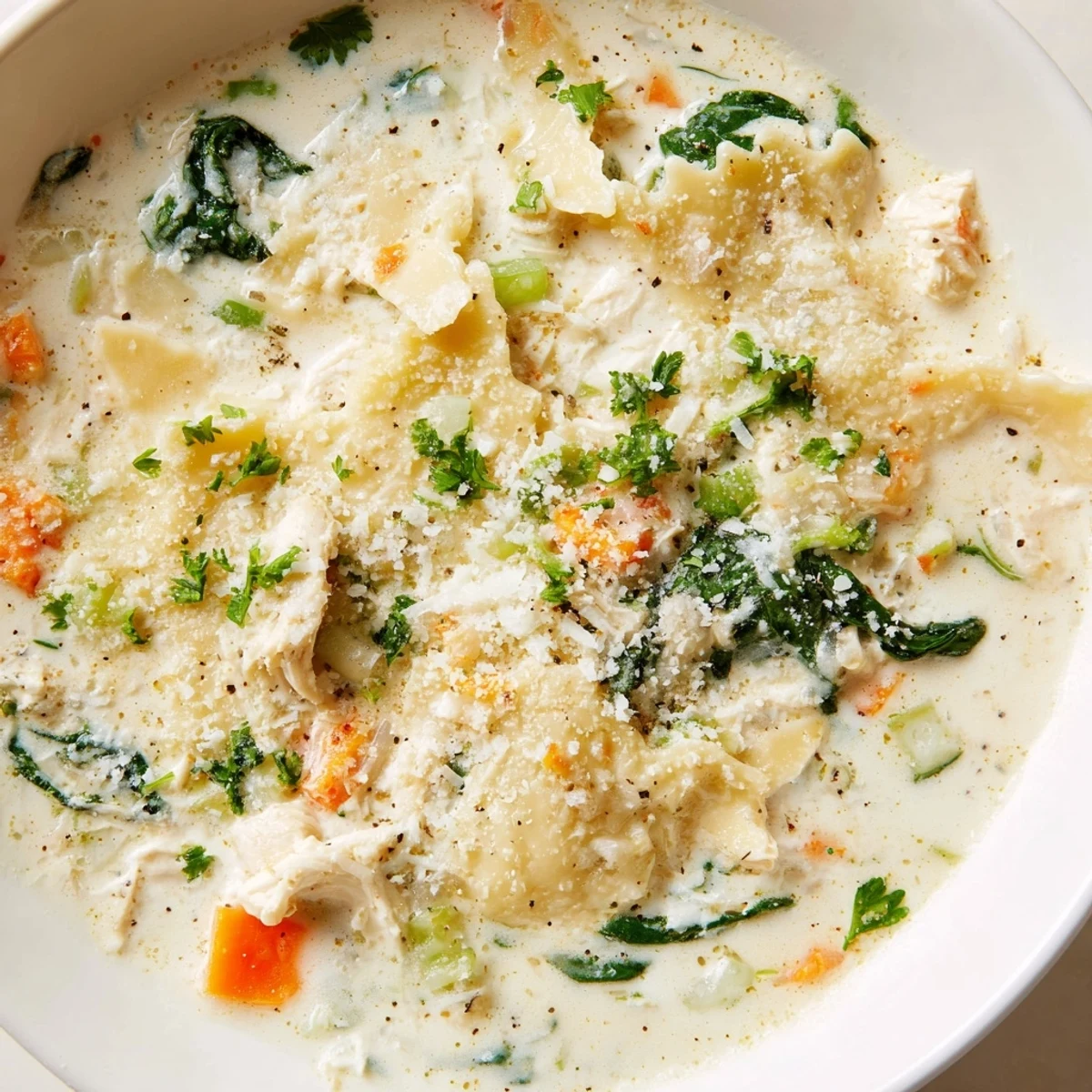 Steaming bowl of Italian white lasagna soup with melted cheese and broken noodles