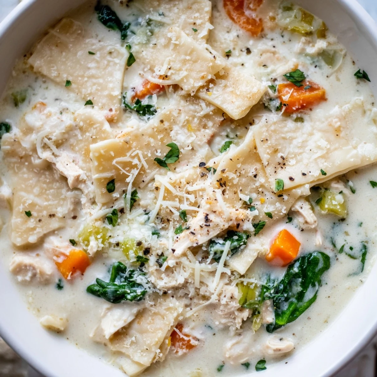 Creamy Italian white lasagna soup topped with parsley in a rustic ceramic bowl