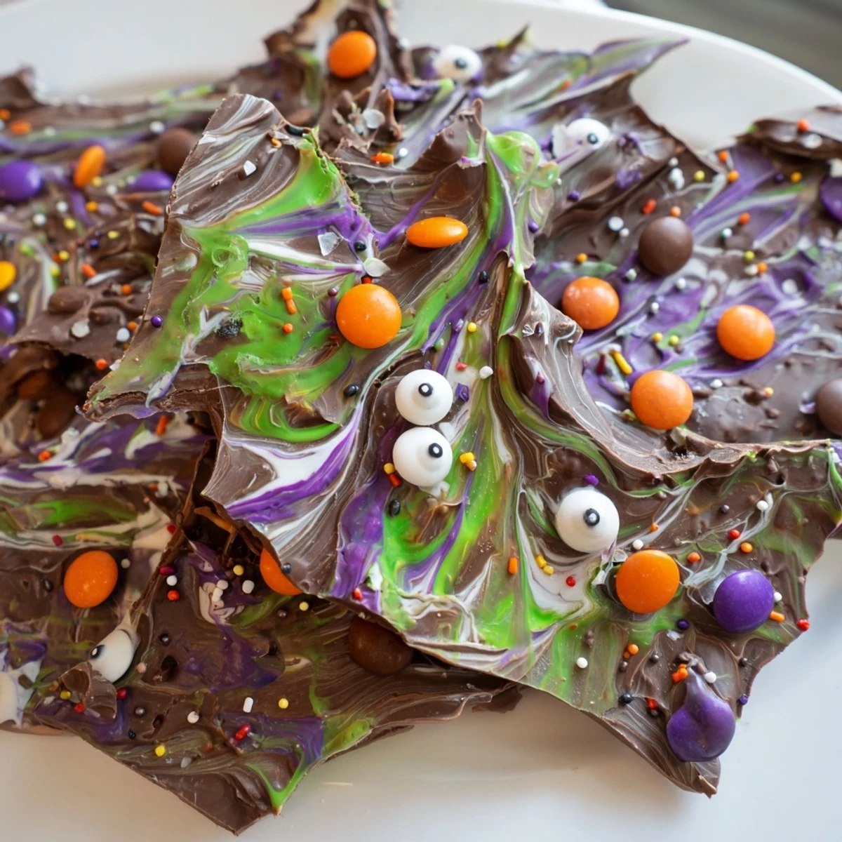 Melting Witches Bark with swirled chocolates, candy eyes, and spooky sprinkles