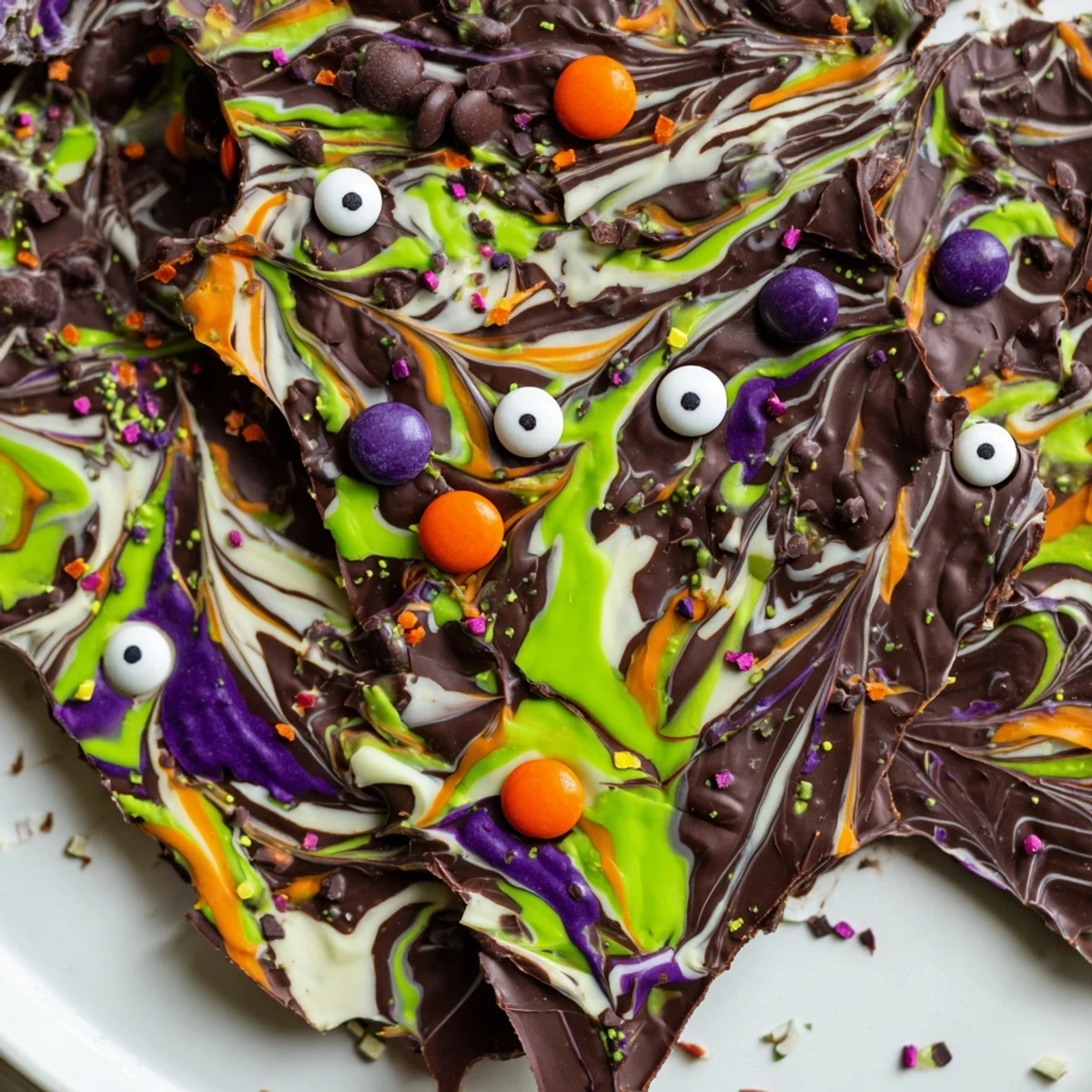 Dark and white chocolate Melting Witches Bark topped with colorful Halloween candies