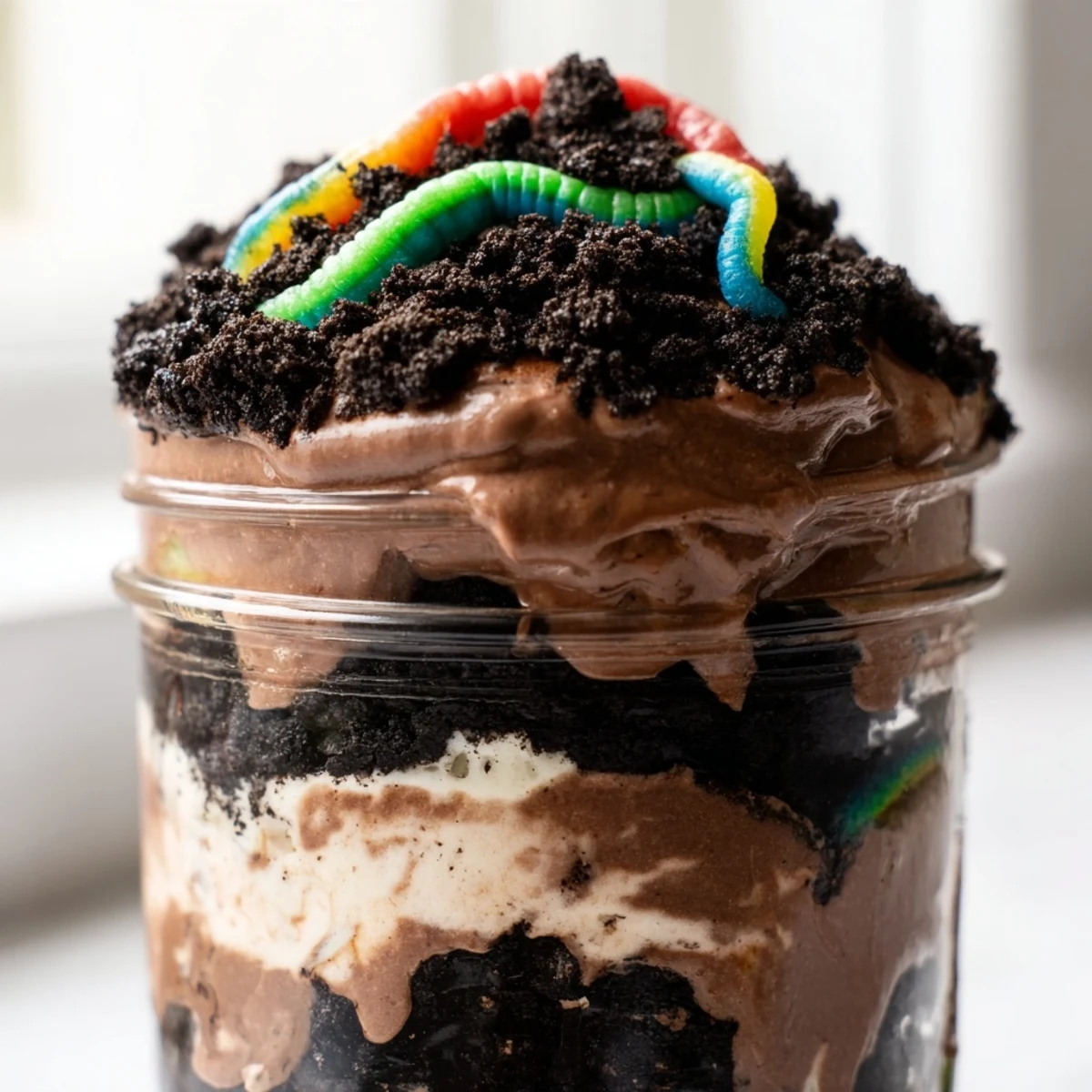 Creamy dirt pudding layered with crushed cookies and gummy worms in clear cups