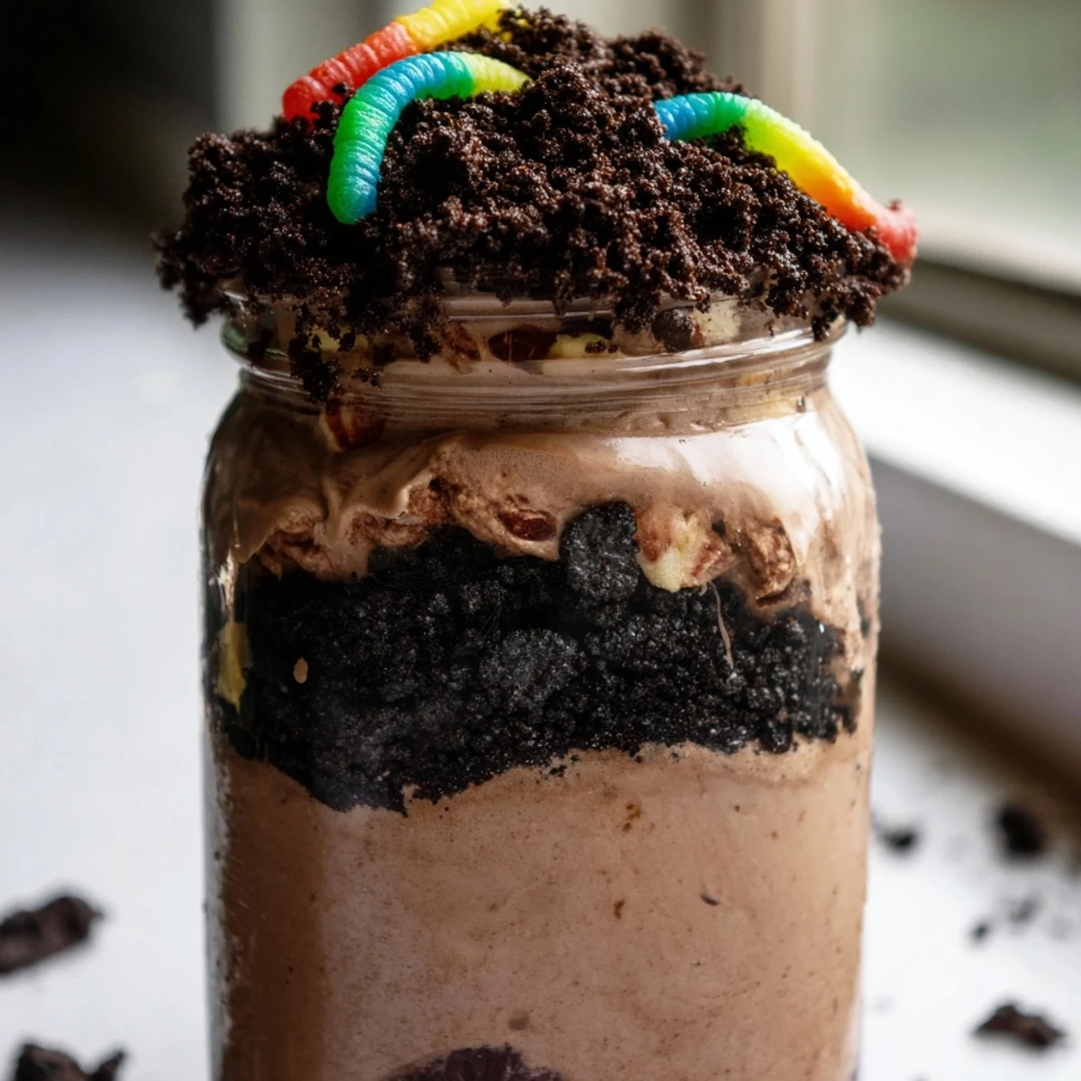 Chocolate dirt pudding with cookie crumb layers topped with playful gummy worms