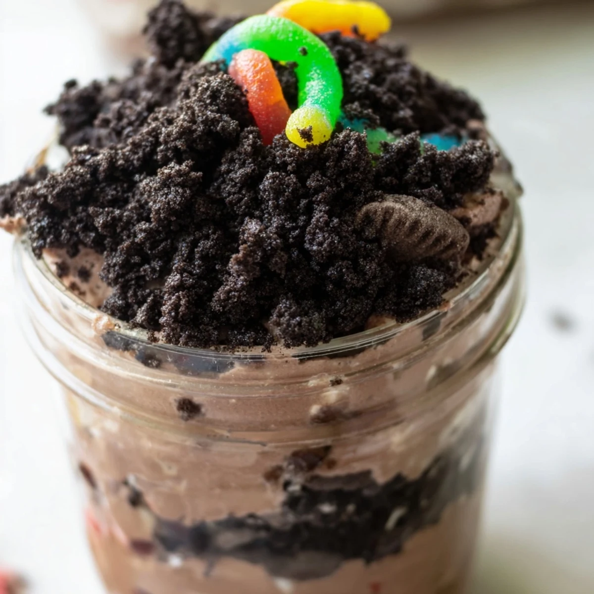 Rich dirt pudding dessert in mason jars featuring chocolate pudding and Oreo crumbs