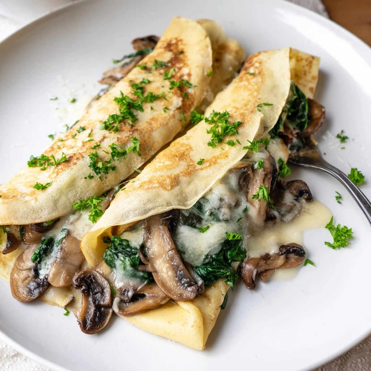 Golden savory crepes filled with sautéed spinach, mushrooms, and melted Gruyère cheese