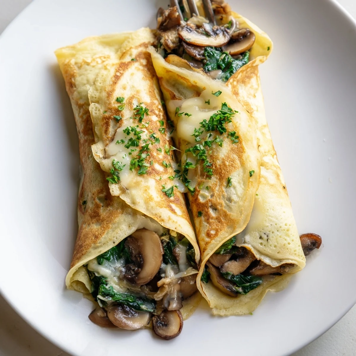 Thin French savory crepes rolled around a warm spinach and mushroom filling