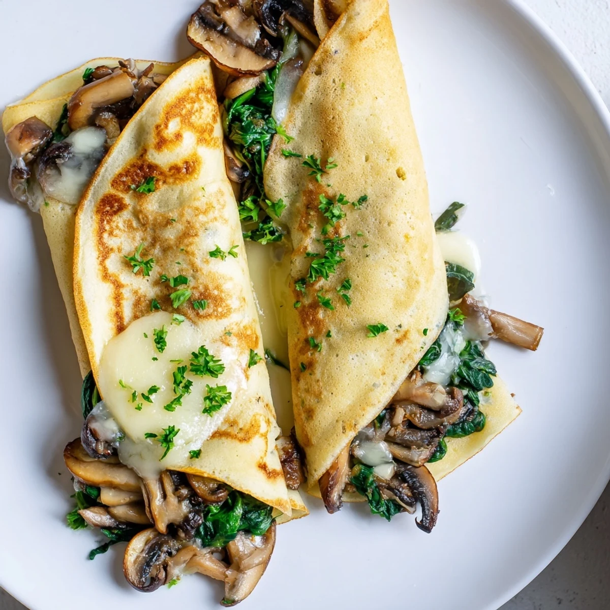 Savory crepes topped with fresh herbs, served on a white ceramic plate