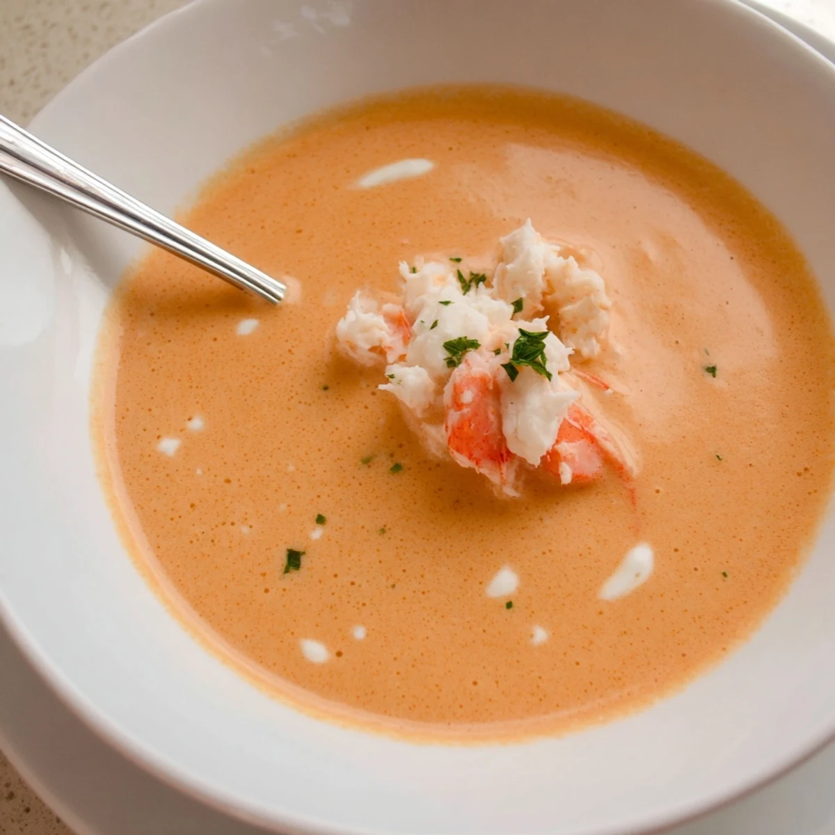 Steamy bowl of creamy crab and shrimp bisque garnished with fresh parsley