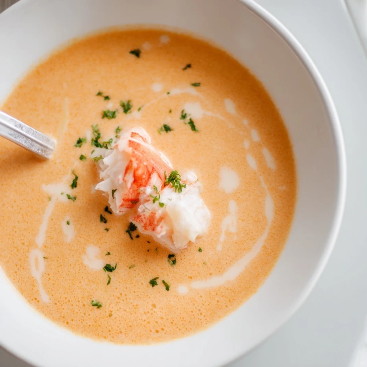 Golden creamy crab and shrimp bisque with pink shrimp in a white bowl