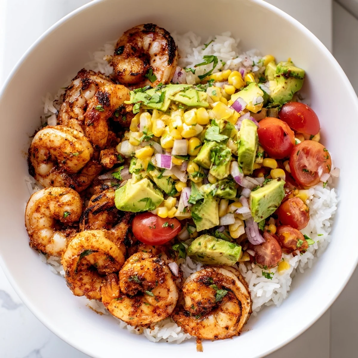 Charred grilled shrimp bowl with avocado corn salsa over fluffy rice