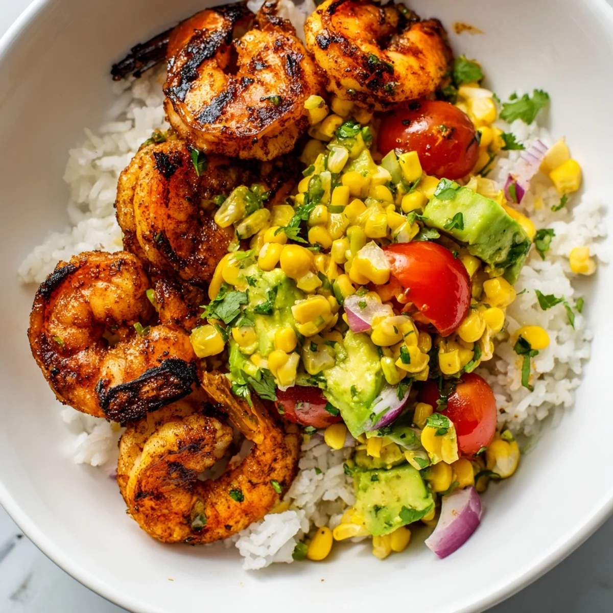 Smoky grilled shrimp bowl with creamy avocado corn salsa on white rice