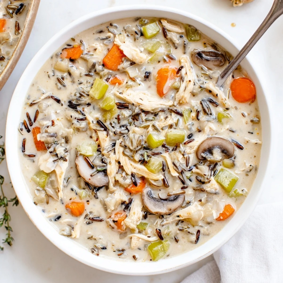 Steaming bowl of creamy slow cooker chicken mushroom wild rice soup with shredded chicken
