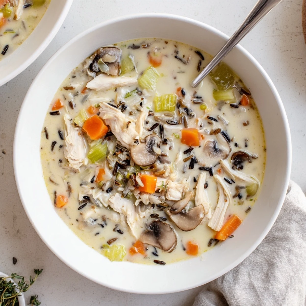 Thick creamy slow cooker chicken mushroom wild rice soup ladled into a rustic bowl