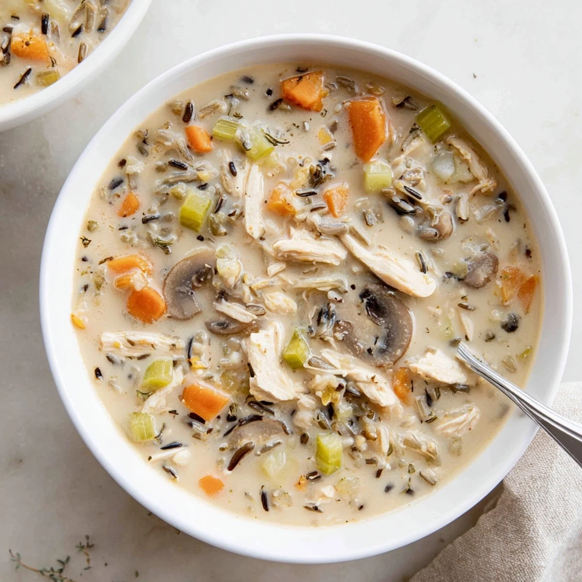 Golden creamy slow cooker chicken mushroom wild rice soup topped with sliced cremini mushrooms