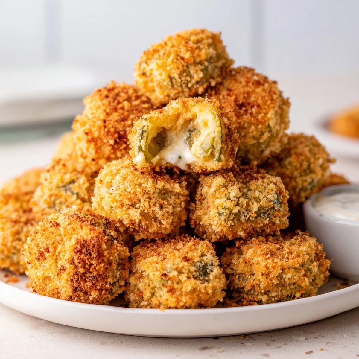Golden crispy pickle cheese bites served warm with ranch dipping sauce