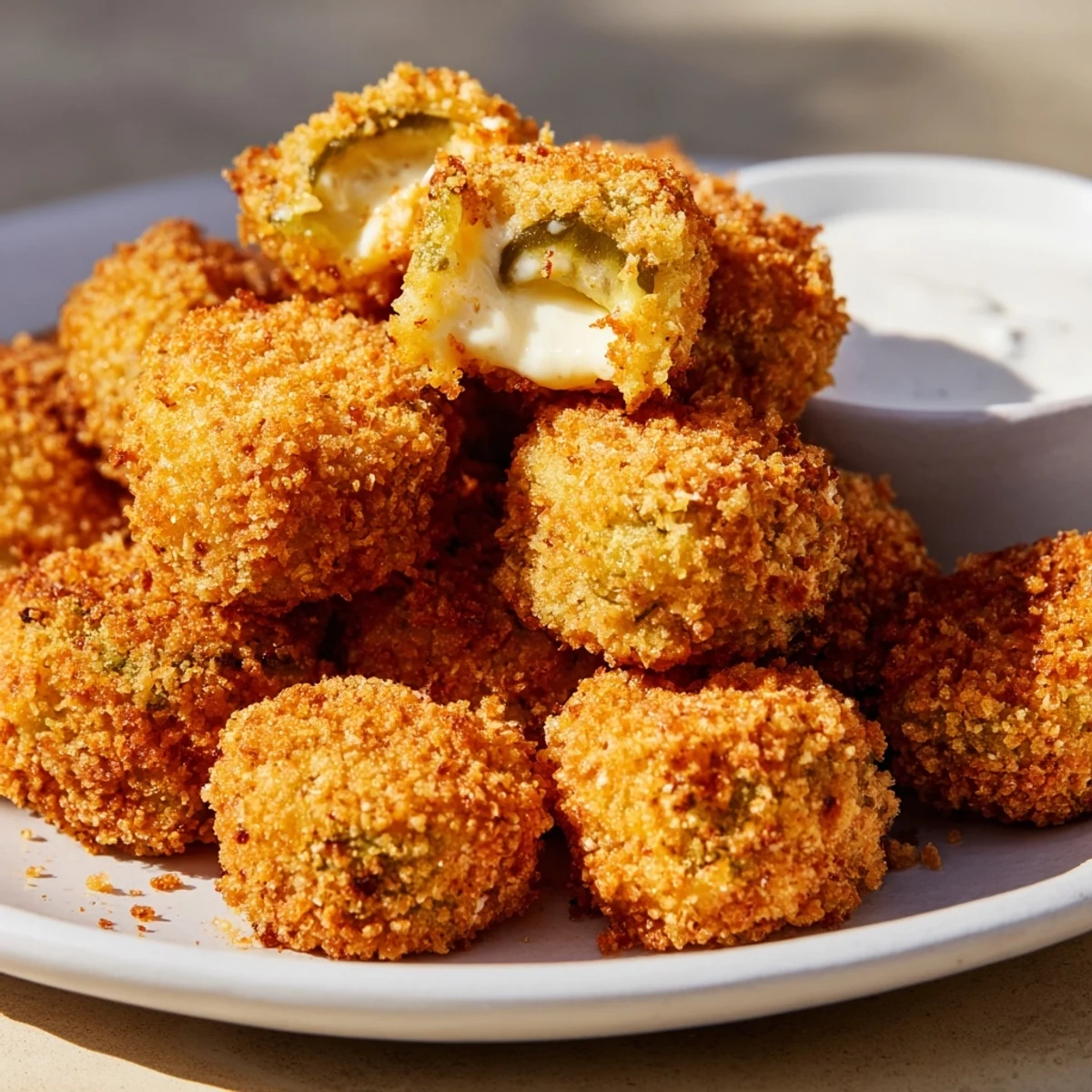 Panko-crusted crispy pickle cheese bites stacked on a parchment-lined plate