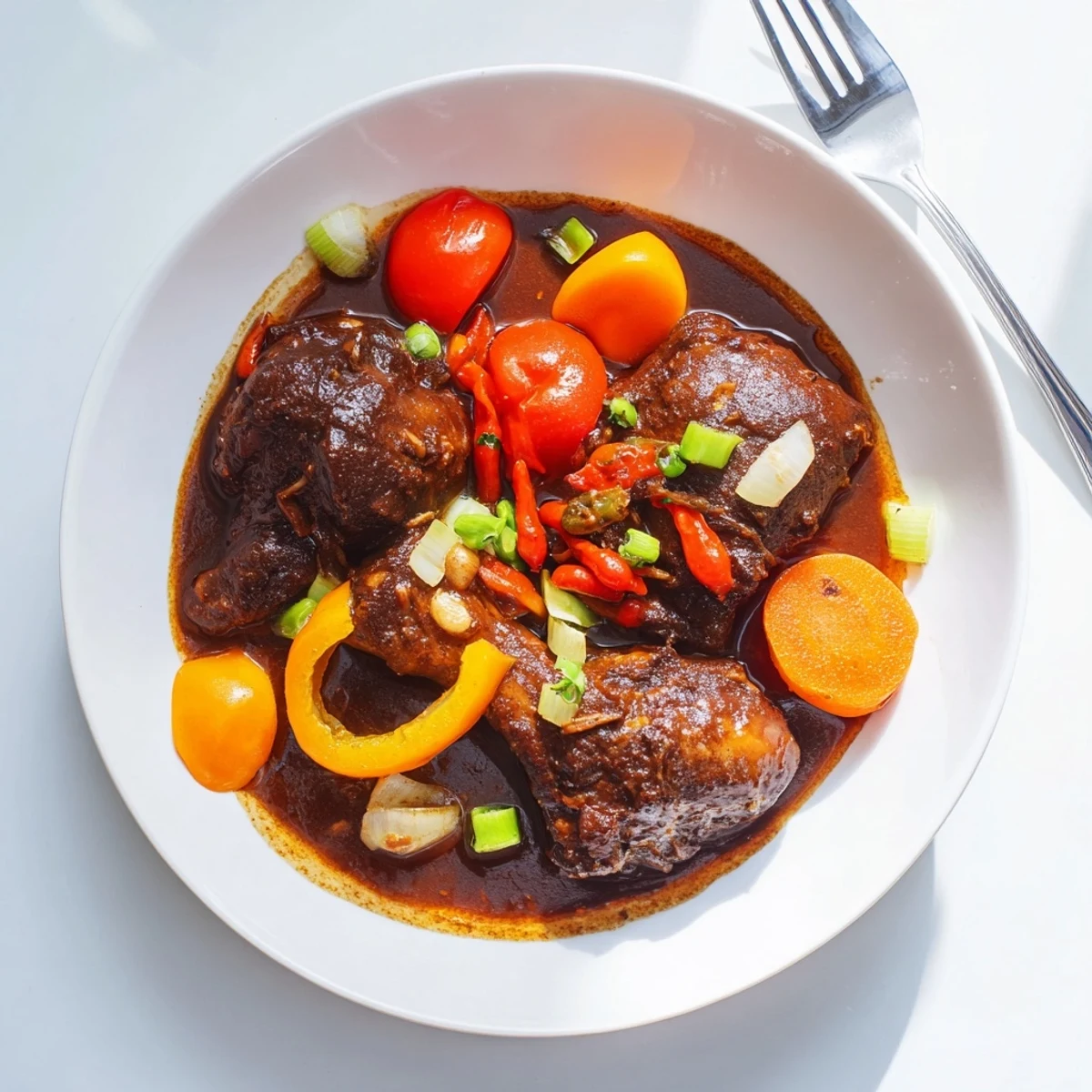 Juicy Jamaican brown stew chicken draped in a dark, aromatic browning sauce with fresh thyme