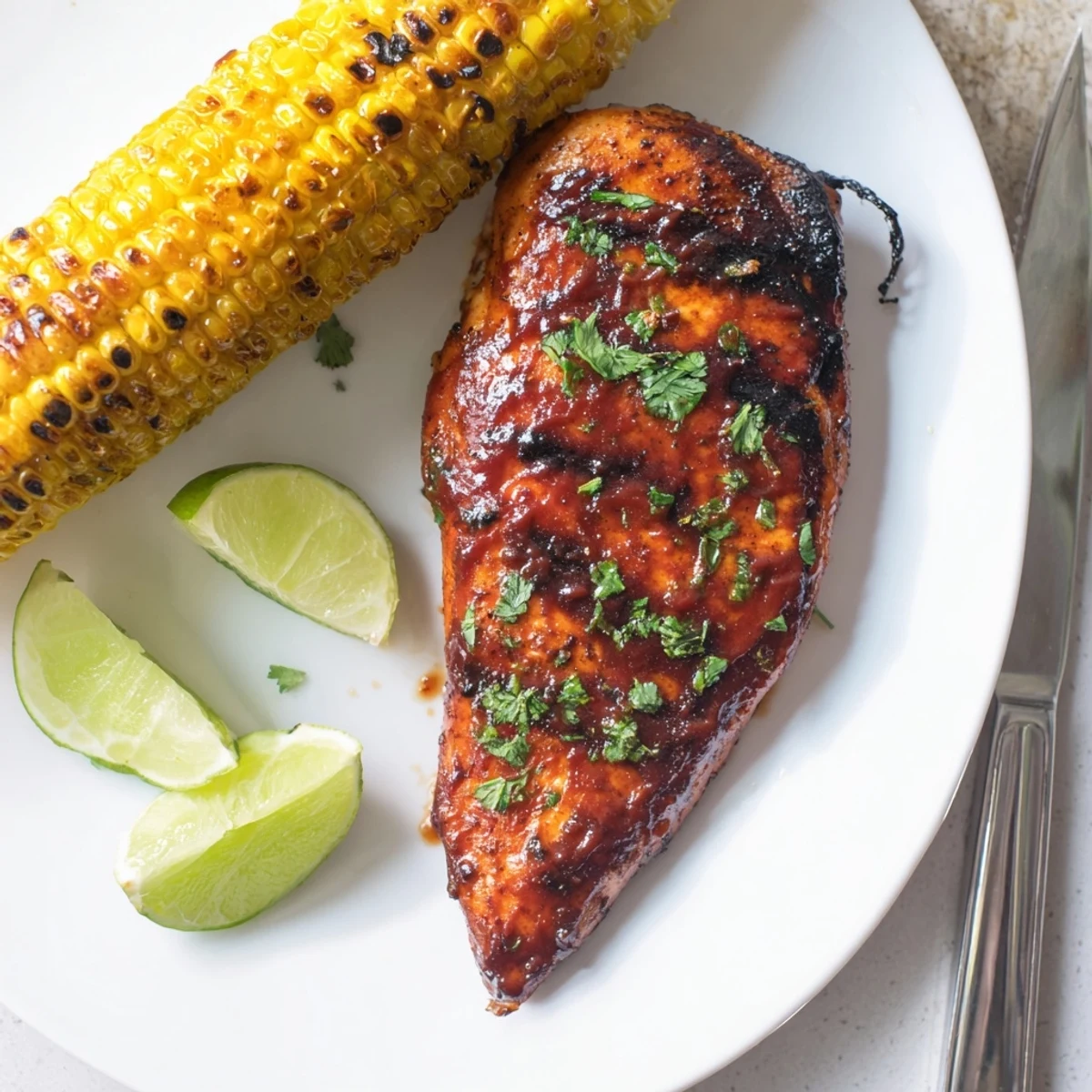 BBQ Chicken With Corn, smoky-sweet and glazed, resting beside buttered cob