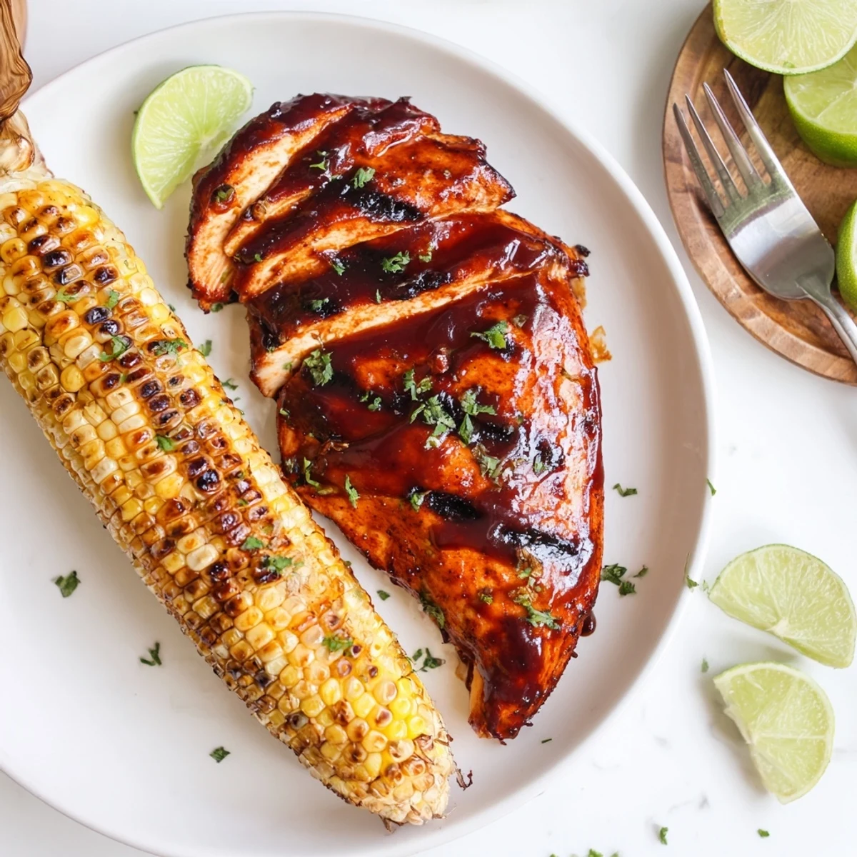 BBQ Chicken With Corn served with charred corn, lime wedges, and fresh parsley