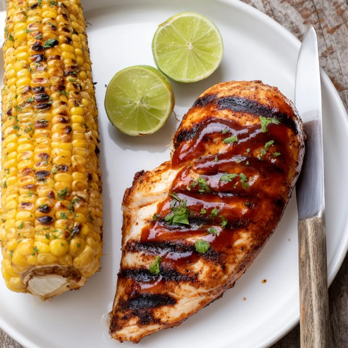 BBQ Chicken With Corn shows juicy, charred grill marks, summer plate with potato salad