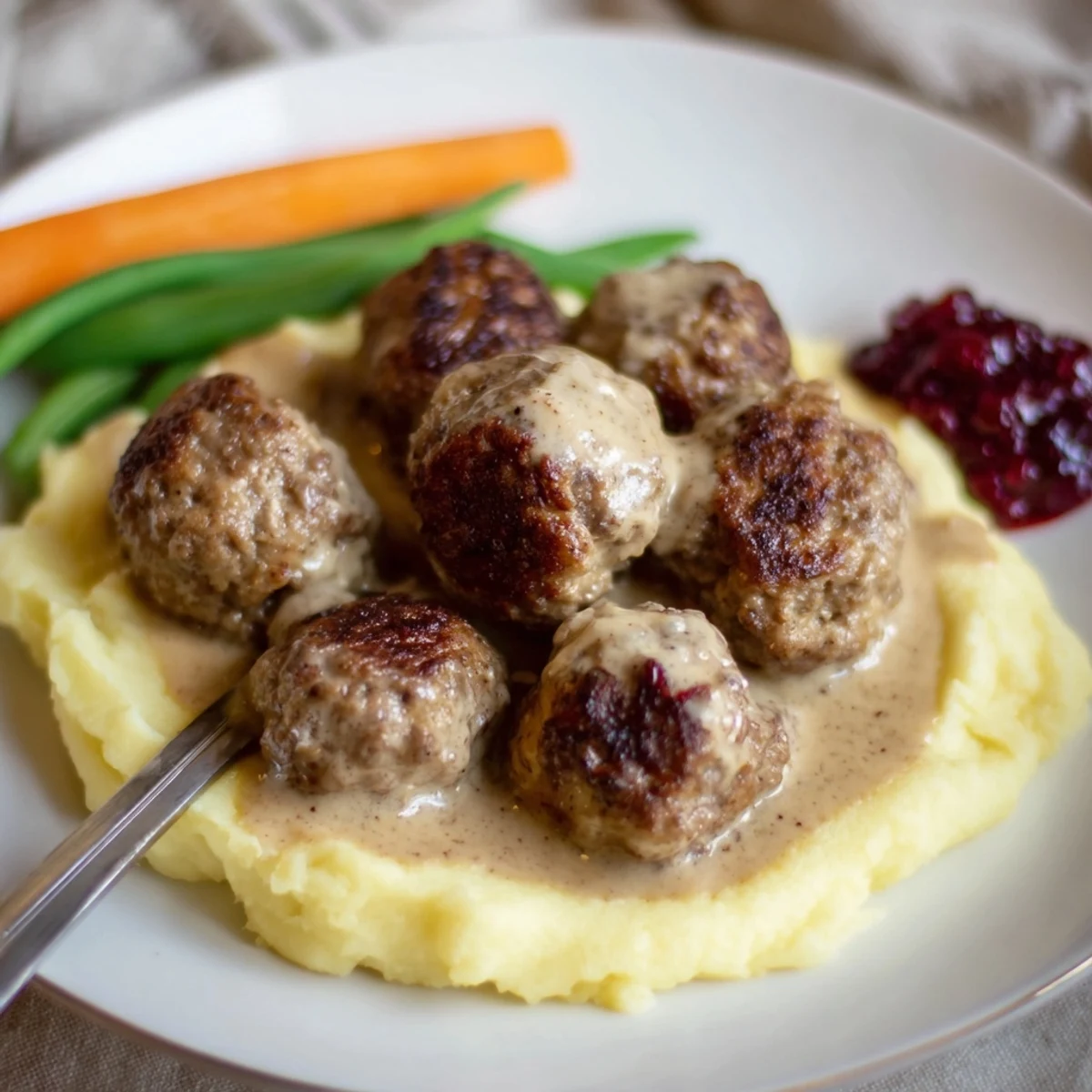 Homemade Ikea Meatballs sizzling in skillet, golden browned, smothered in creamy gravy