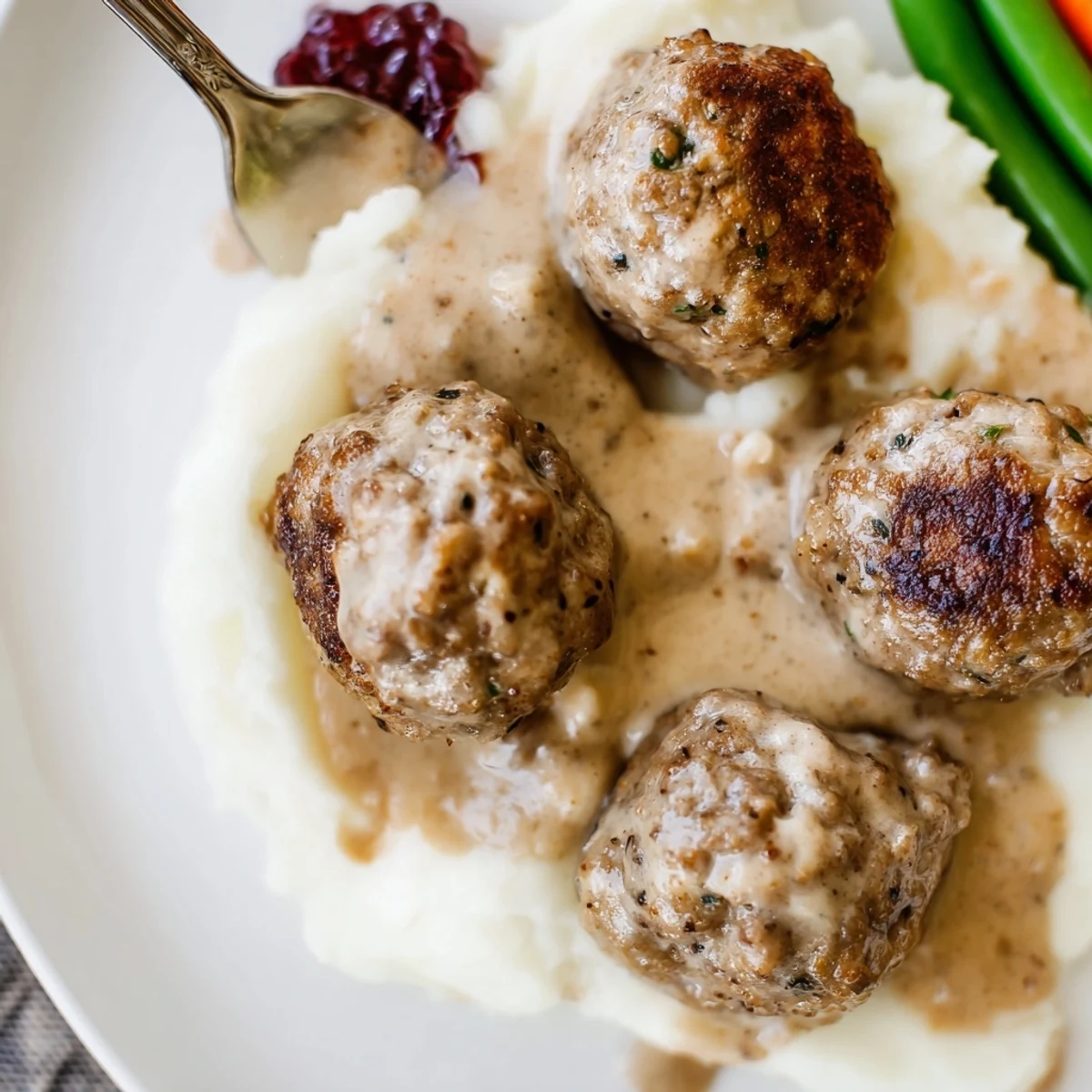 Warm Homemade Ikea Meatballs nestled on mashed potatoes with tangy lingonberry jam