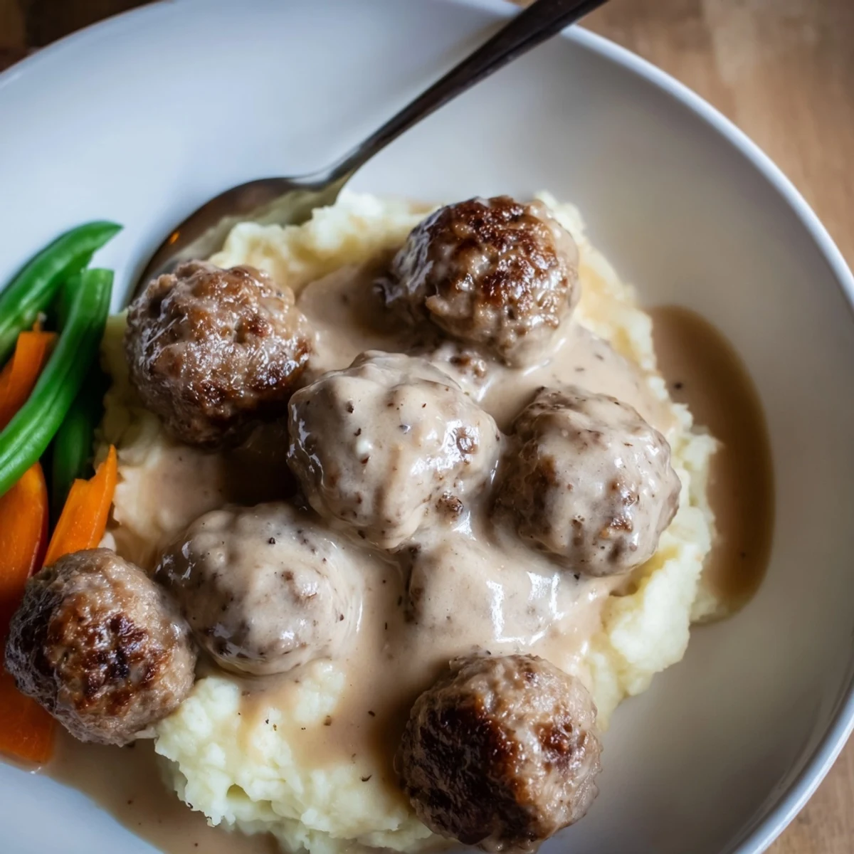 Herb-spiced Homemade Ikea Meatballs coated in velvety sauce, steaming and ready to serve