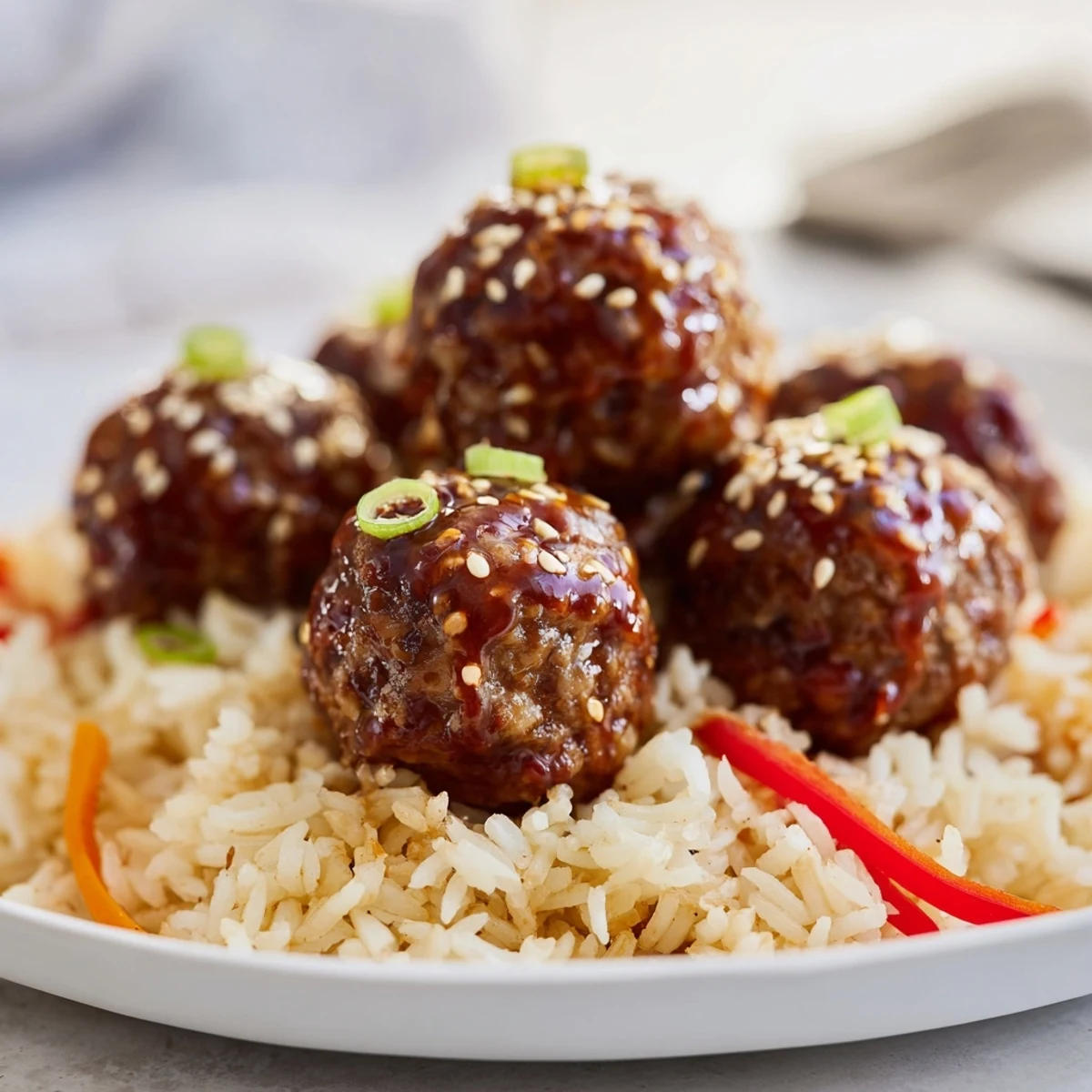Hello Fresh Firecracker Meatballs glazed in sticky sauce over fluffy jasmine rice