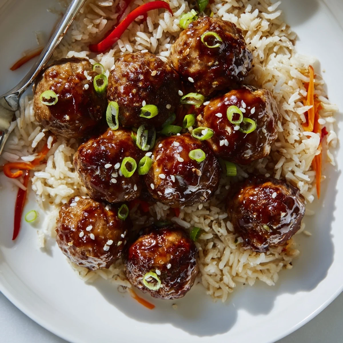 Plated Hello Fresh Firecracker Meatballs with crisp sauteed vegetables and sesame garnish