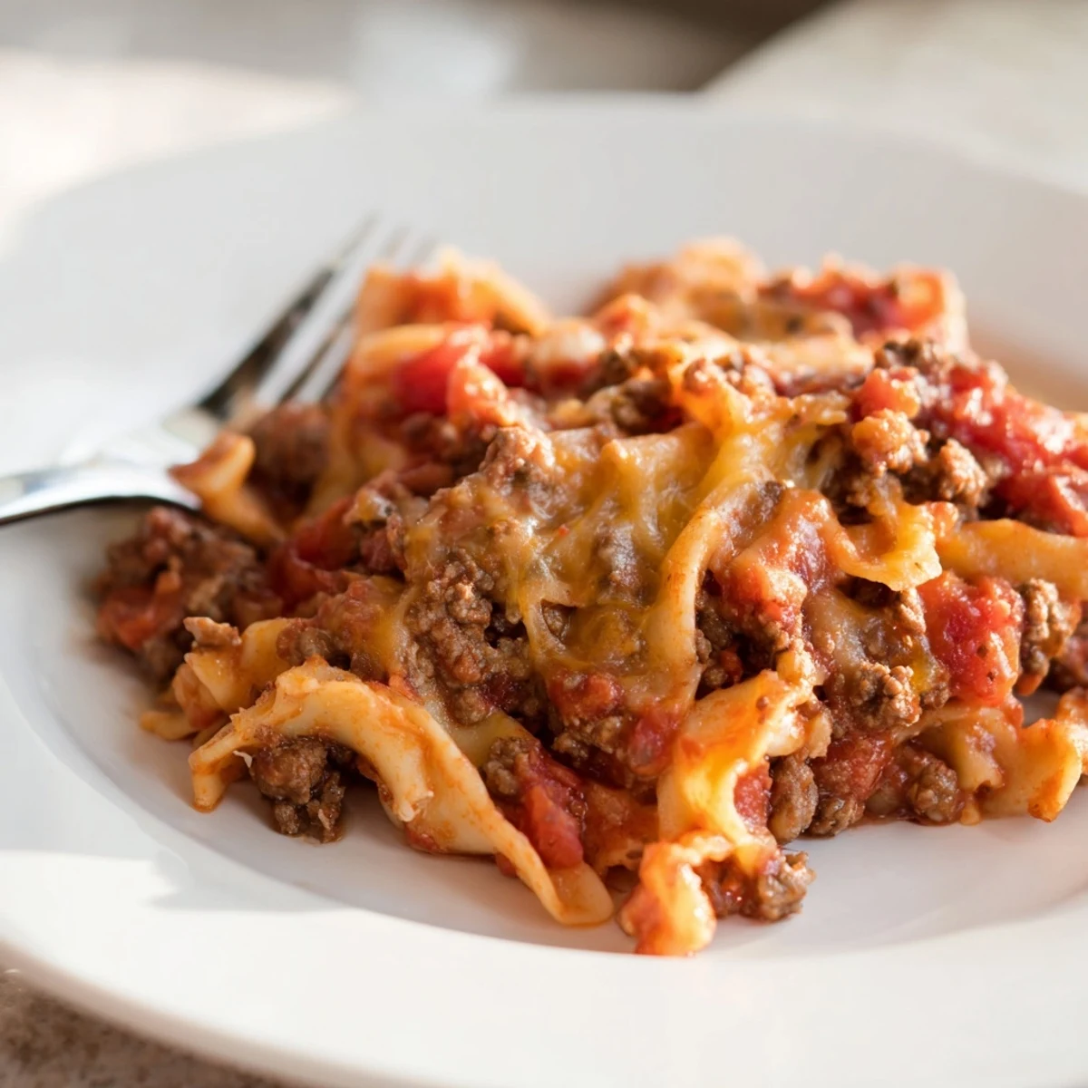 Beef Lombardi Casserole bubbling with golden cheddar, steaming from oven, family-sized