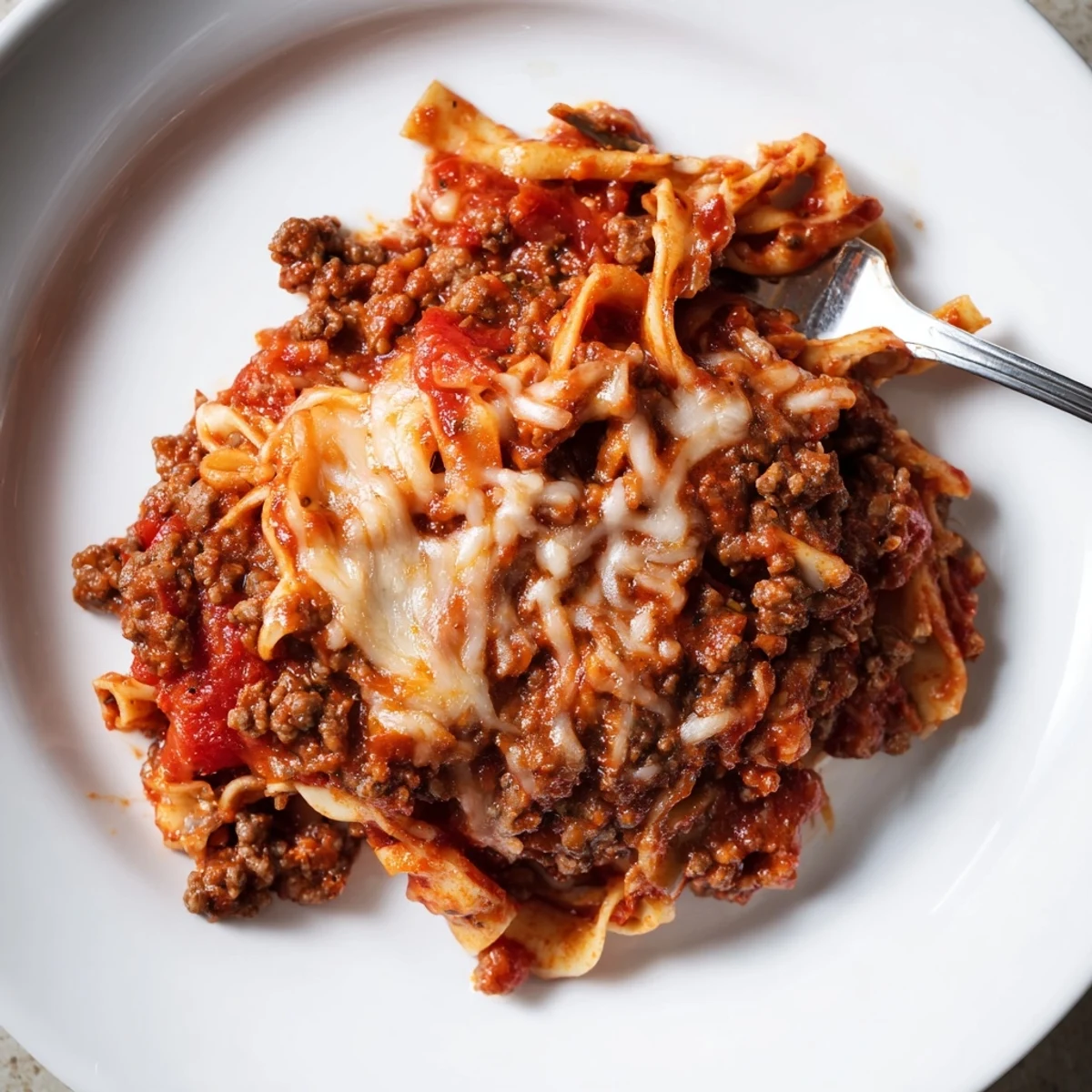 Hearty Beef Lombardi Casserole plated beside green salad and crusty bread