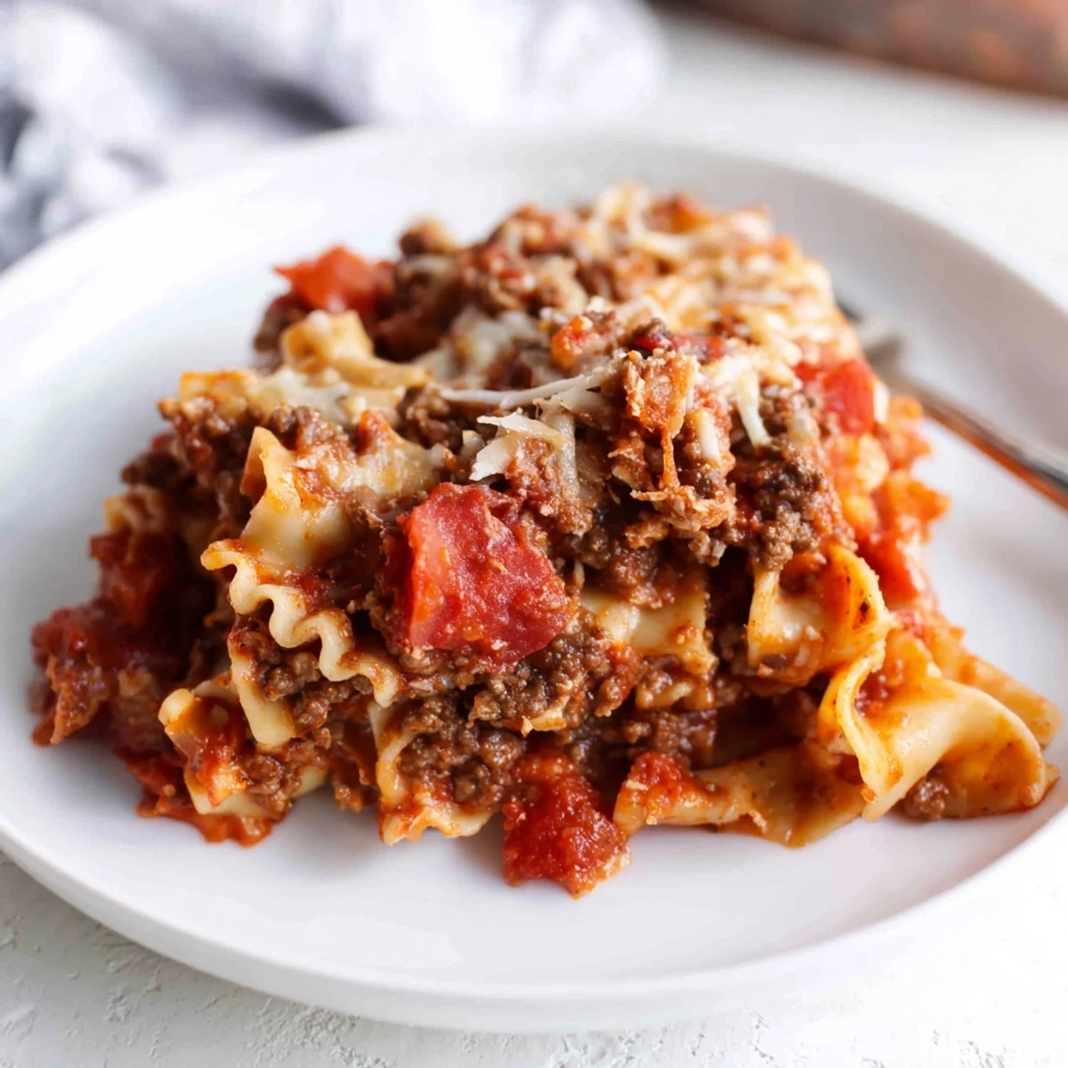 A serving of Beef Lombardi Casserole reveals creamy noodles and melted cheddar