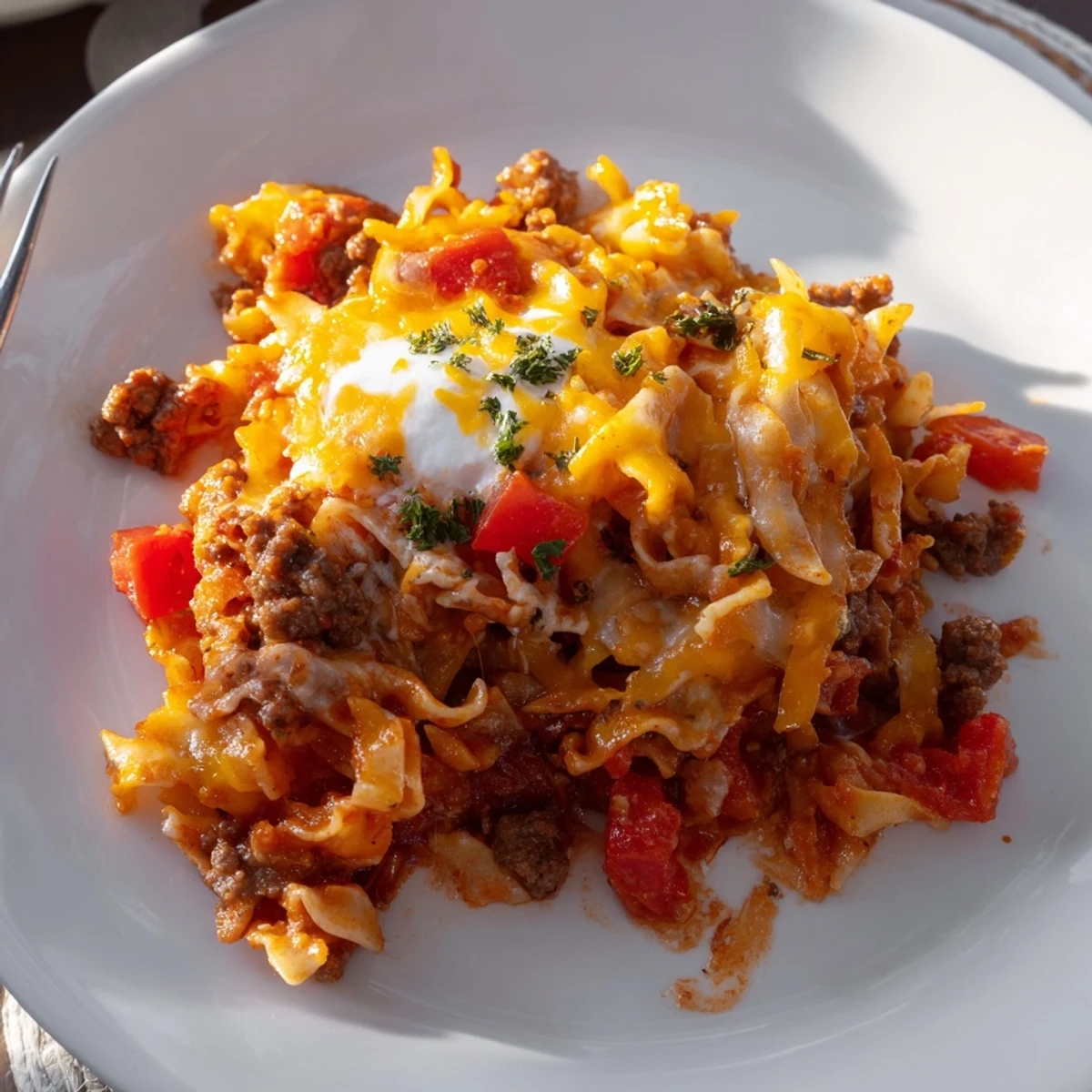 Beef Noodle Casserole bubbling golden with melted cheddar, perfect family dinner
