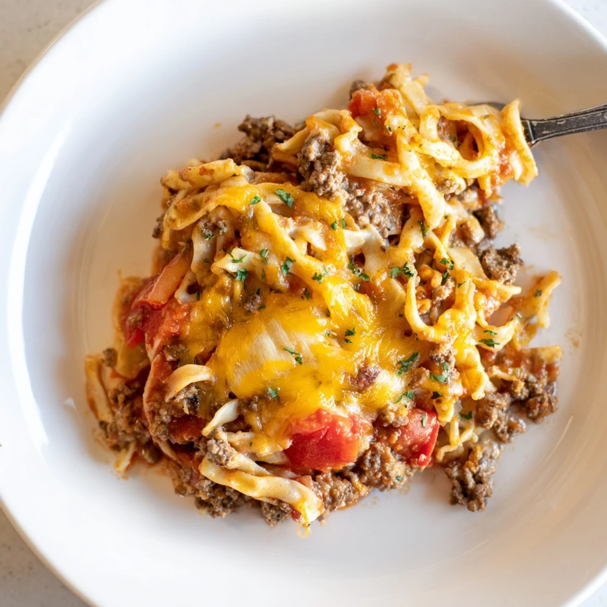 Slices of Beef Noodle Casserole on plate beside garlic bread and salad