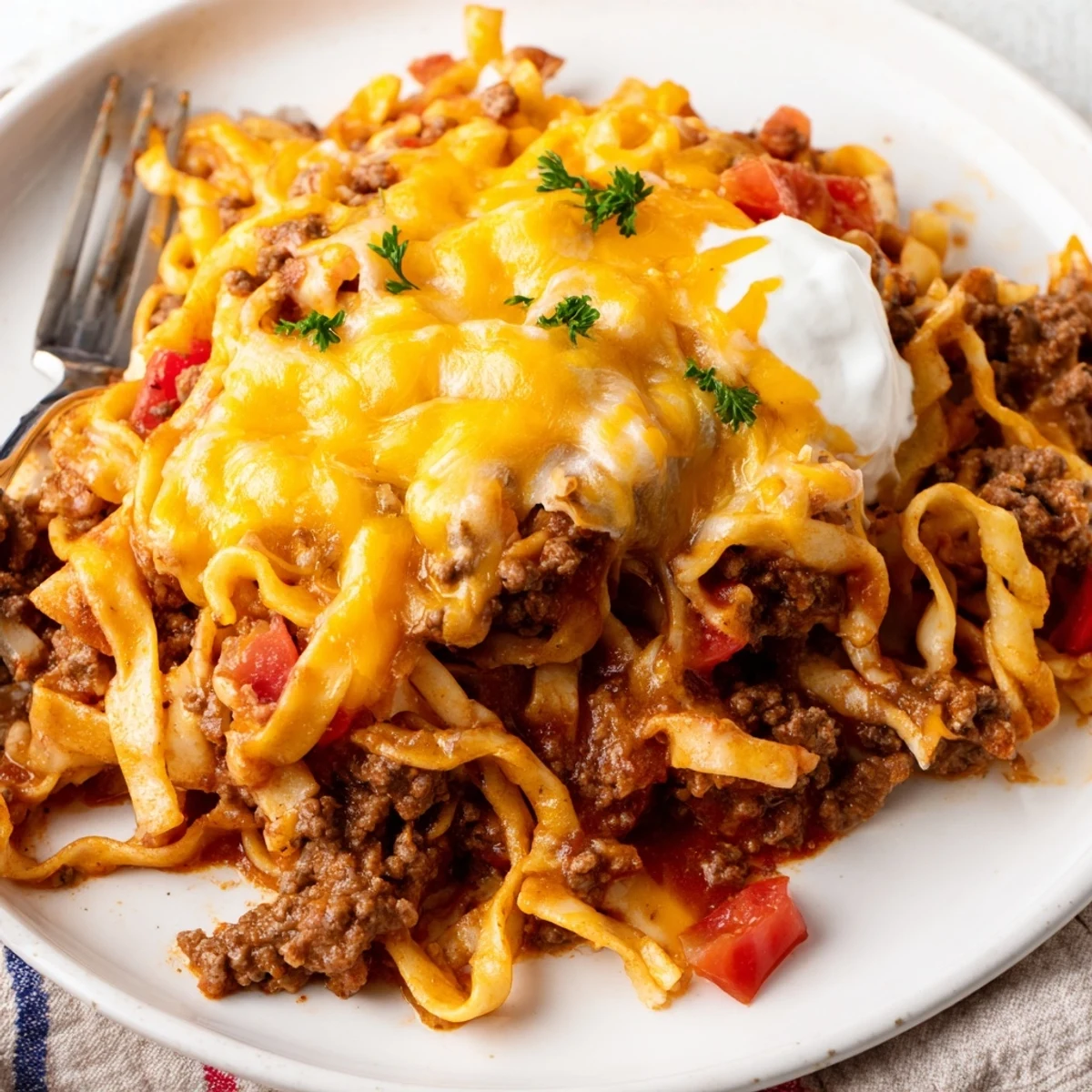 Hearty Beef Noodle Casserole steaming, tangy tomato sauce and tender beef inside