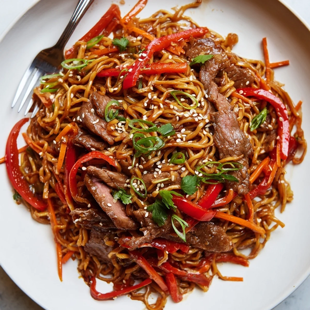 Sticky Beef Noodles glistening with sauce, tender beef strips and toasted sesame  