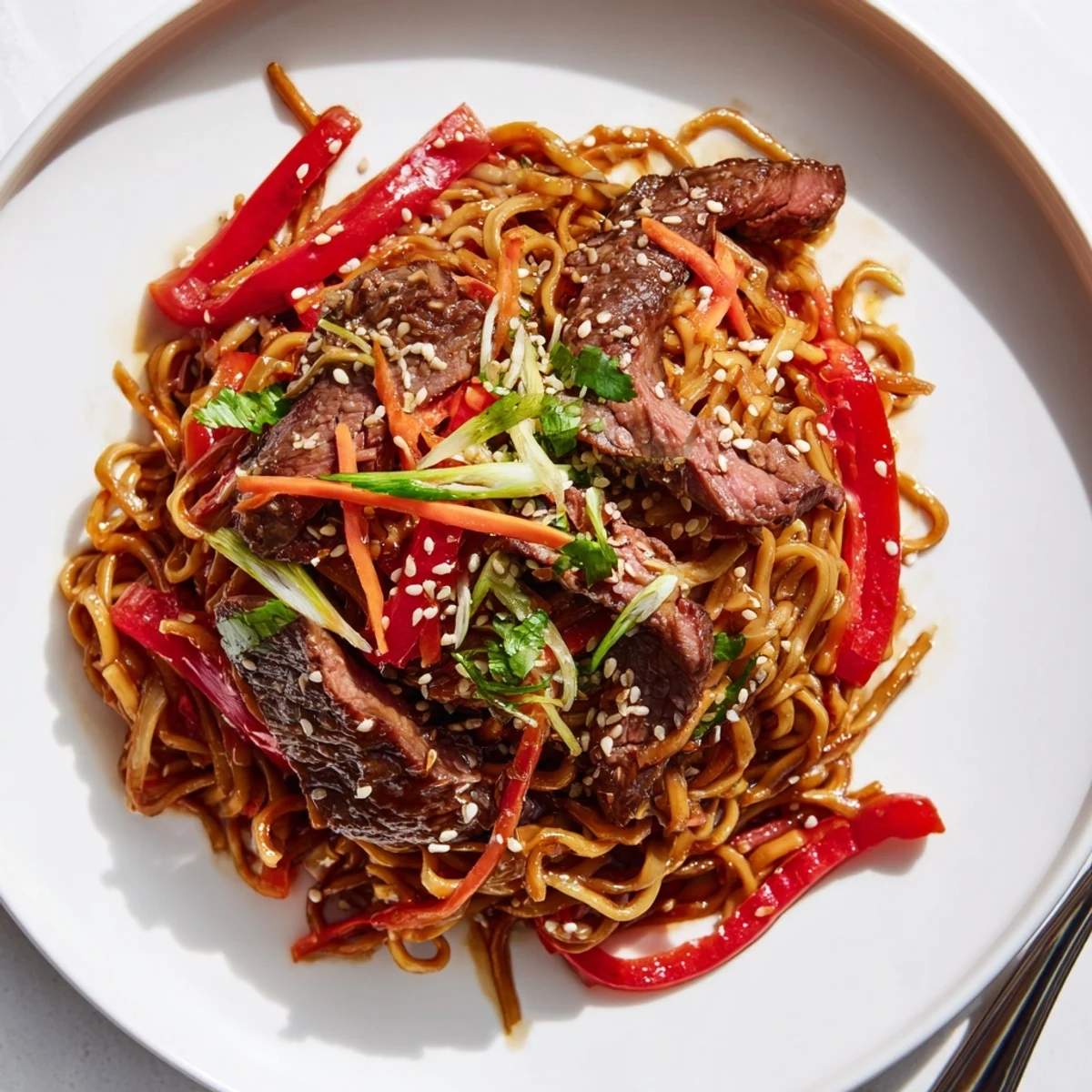 Fork twisted Sticky Beef Noodles piled on plate, crunchy bell pepper, scallions  