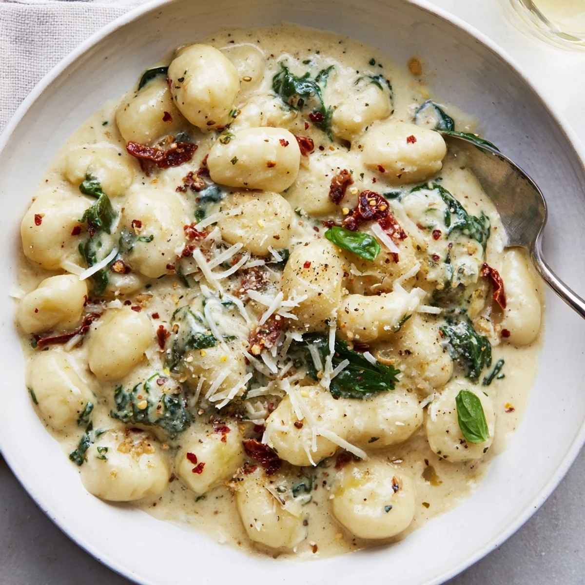 Creamy Marry Me Gnocchi with sun-dried tomatoes, Parmesan, and fresh basil.