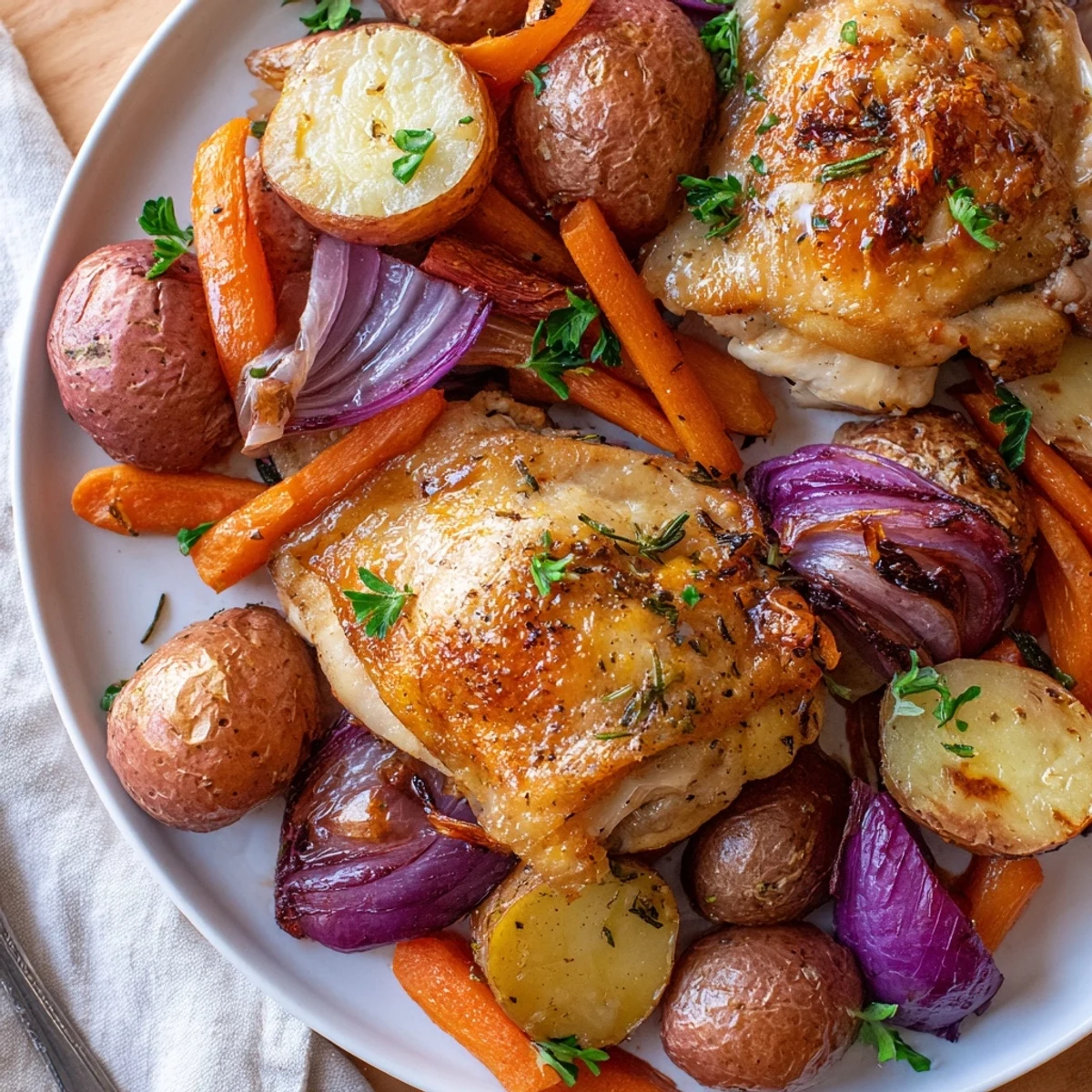 Sheet Pan Chicken And Potatoes with golden skin, crispy edges, roasted vegetables
