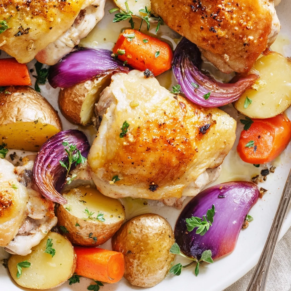 Weeknight Sheet Pan Chicken And Potatoes topped with chopped parsley, garlicky carrots