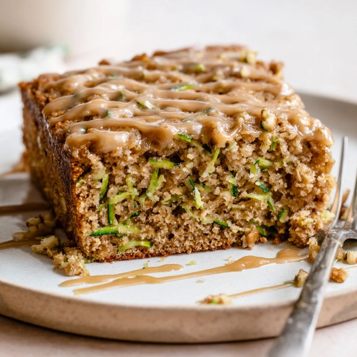 Zucchini Cake With Brown Sugar Icing, moist slices steaming beside coffee mug