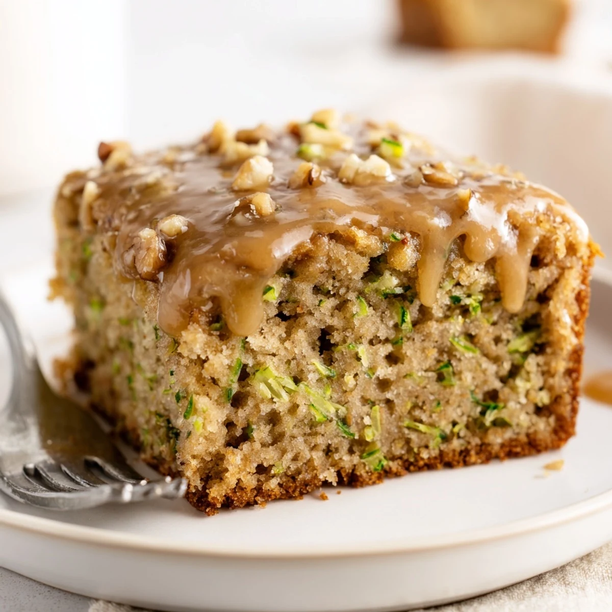 Sliced Zucchini Cake With Brown Sugar Icing, glossy caramelized frosting, fork ready
